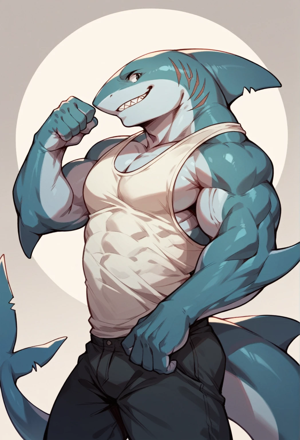 Shark, one head fin, muscular, white tank top, shark tail, side profile, smile, 