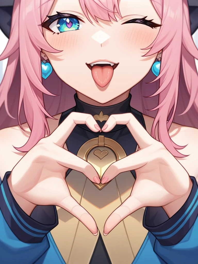 Adult, Female, long pink hair, winking, tongue out, heart hands, vtuber, otaku bedroom, Masterpiece, Accurate, Anatomically Correct, Best Quality, High Details, Detail, Super Detailed, Best detail, Perfect detail, Amazing detail, [-3, 3], perfect hands, best hands, best fingers, perfect fingers, perfect body, best body, amazing body, Looking at viewer, front facing, upper body shot, Cat Ears, Close-Up, 