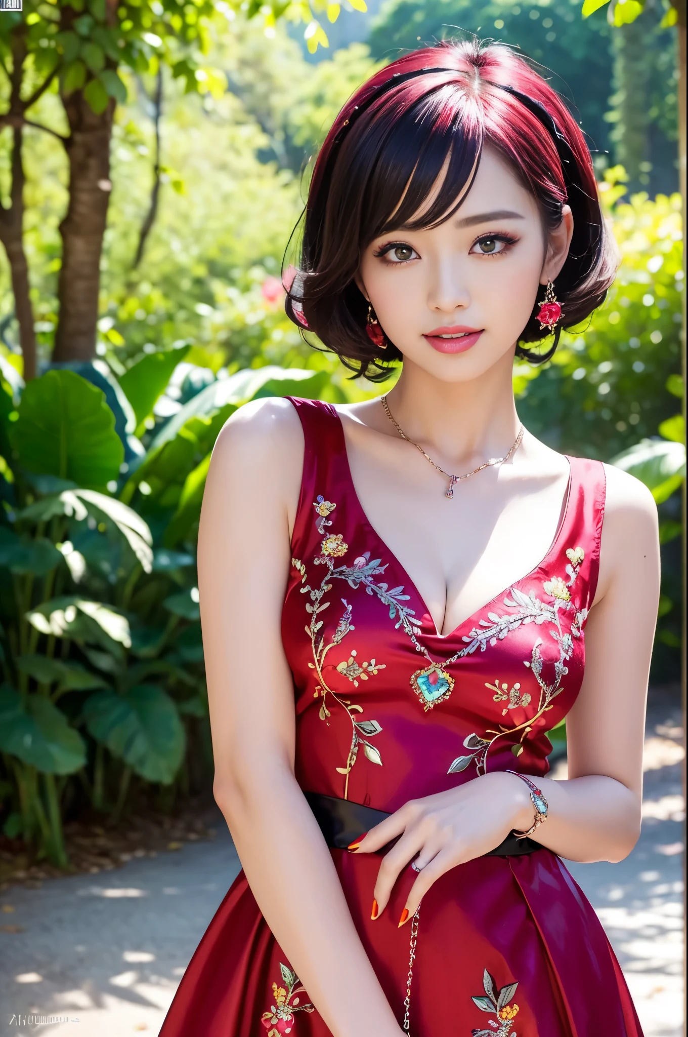 (masterpiece:1.4), (best quality:1.4), ultra high res, ultra high resolution, ((detailed facial features)), HDR, (realistic, photorealistic, photo-realistic:1.37), full body Esbian, sexy Thai model, (-anime), vivid colors, ((vivid colors multicolor (red, fuchsia) very short hair)), (happy smile), lip-gloss, long lashes, ultra detailed metallic makeup, defined eyebrows, wearing large sparkling colorful jewelery, (wearing a red silk Paradise Kiss cosplay dress with black floral embroidery), ((vivid colors outfit)), vivid colors, look at the camera, cinematic light, large park background with trees, sweet and sexy pose