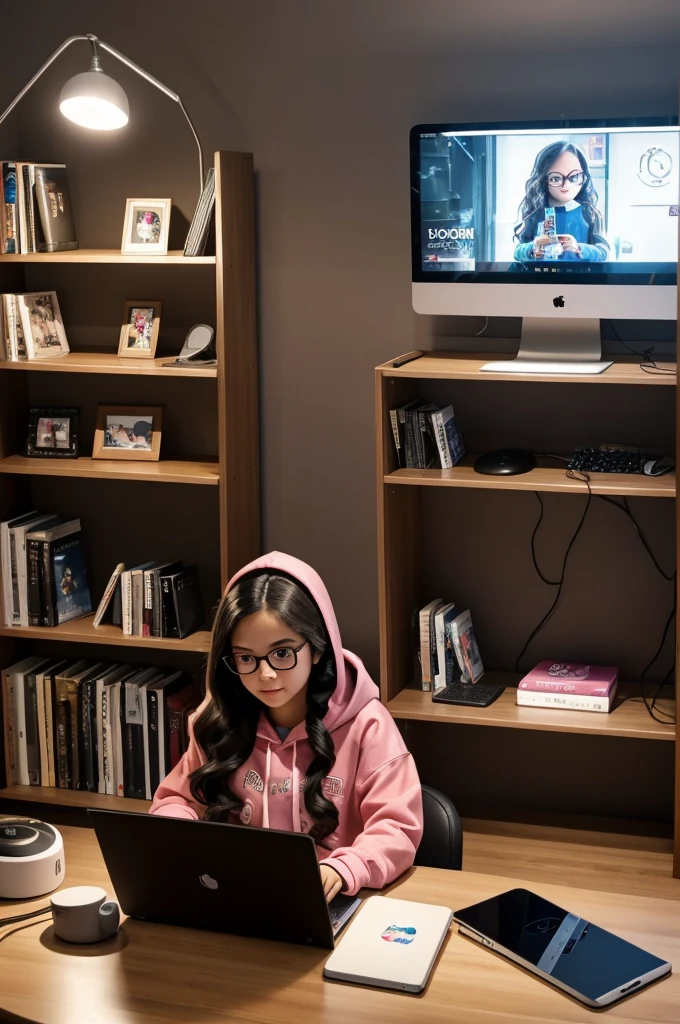 "A doll-like girl with long, wavy hair and round glasses, dressed in a cute hoodie and skirt, typing away on her laptop. Her room has a modern, tech-savvy vibe with gadgets, a bookshelf, a gaming chair, and LED lights illuminating the space."