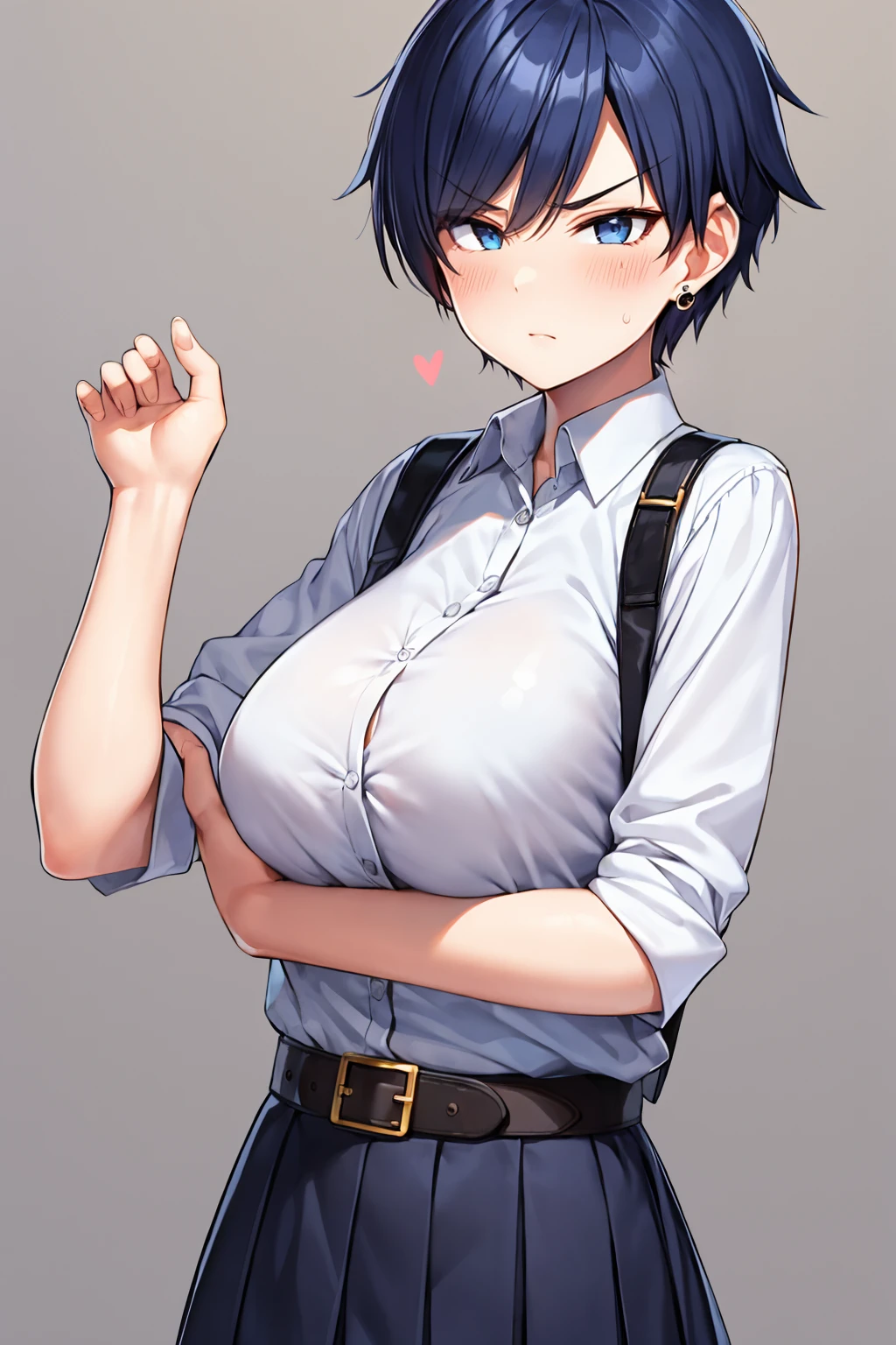 tomboy,blue-hair,short-hair,big-breast,school-uniform,tomboy,short-hair,18years-old,gang,earring,belt,super-big-breast,tsurime,half-closed-eye,black-under-eye,angry,hale-closed-eyes,all-body,whole body,all-body