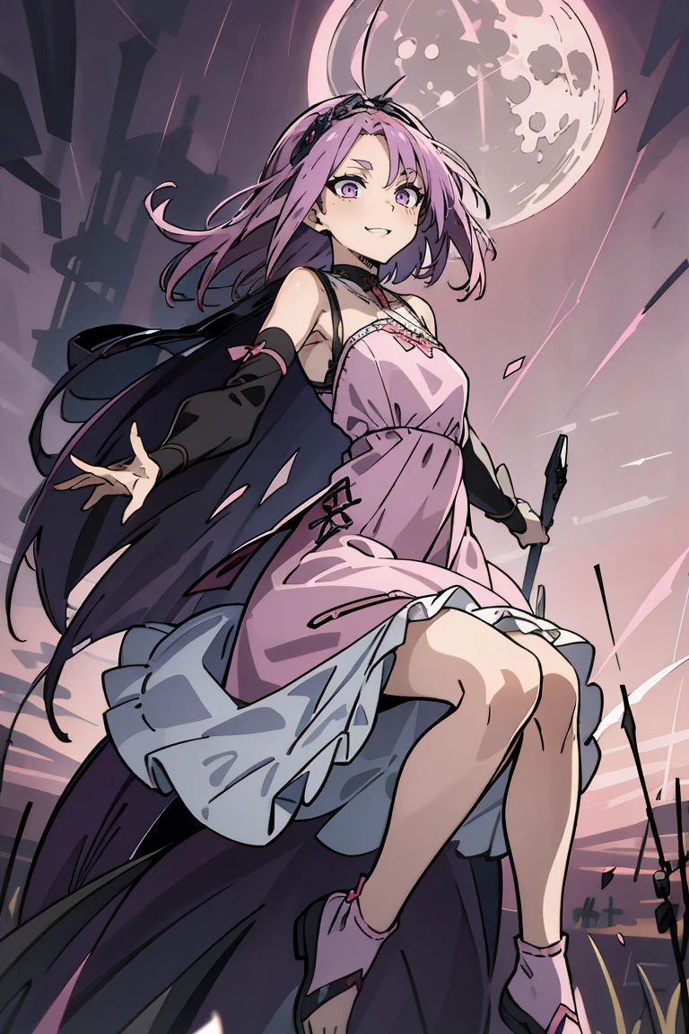 (masterpiece:1.2), (high quality:1.2), reo mikage, blue lock, girls with((1girl, solo, purple hair, (medium hair, right swept bangs, one side up:1.55), bare shoulder, blush, breasts, black sleeves, arm wears, elbow armwarmers, choker, cleavage, cowboy shot, collar, collarbone, rosary, cross, white clothes, blouse, white dress, sleeveless, collared shirt, necktie, cheongsam, cinderella dress, long dress, frilled panniers, (open dress:1.34), leggings, boots, sandals, bare legs, full body)), background with((battle field, dawn, dark sky, pink sky, beautiful sky, earth, moon:2.0))