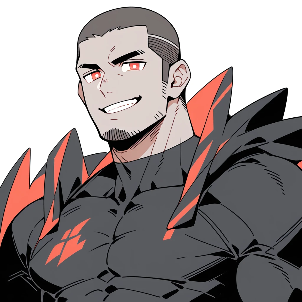 anime characters:Priapus, Dark Grey Skin Muscle Sports Student, Buzz Cut, Manliness, male focus, Sports tight hooded sweatshirt, Under Armour Brand, Wear a high-necked tights underneath, Very tight, full and perky chest muscles, muscular male, muscular, only, Upper body, alone, Red short hair, Thick eyebrows, stubble, Brown-red pupils, White background, simple background, amazing quality, best aesthetics, Ridiculous, crew cut, smirk, bright pupils, grin, negative space, negative space, best quality