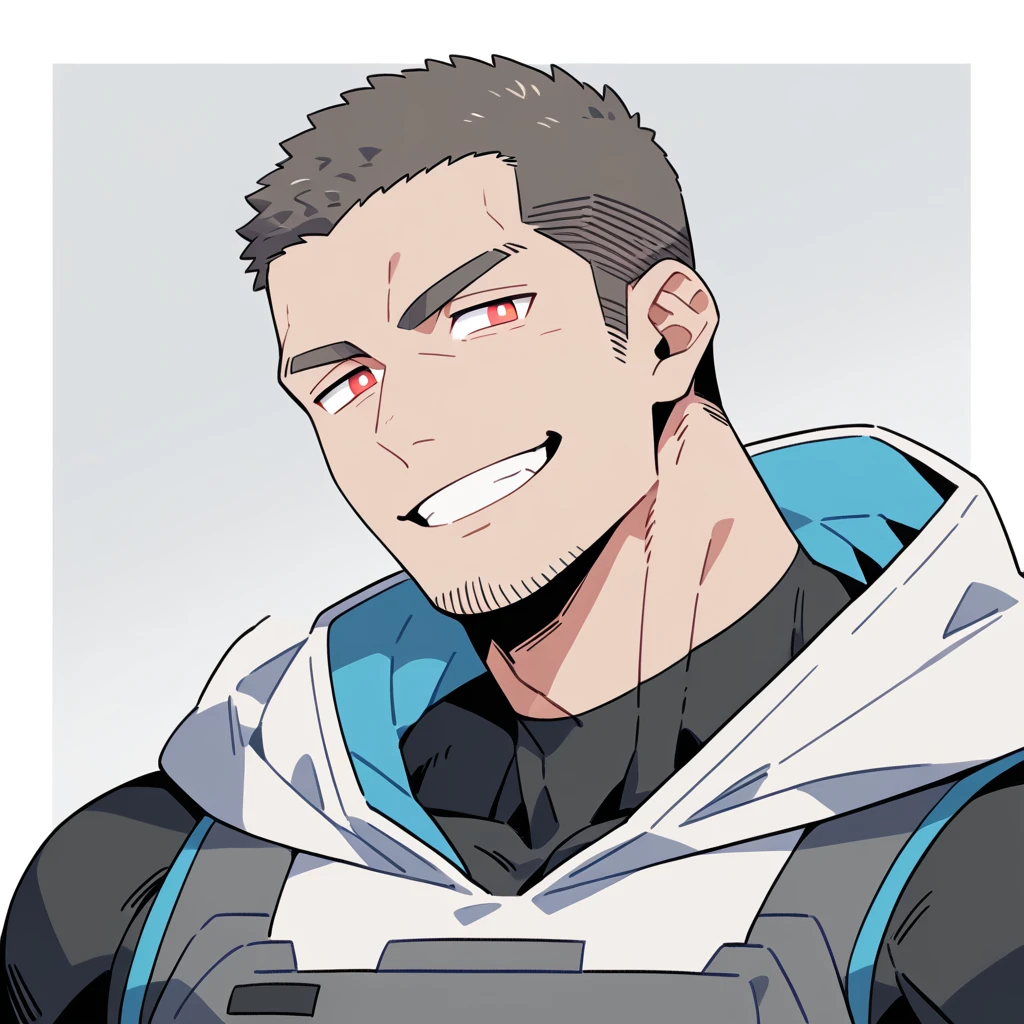 anime characters：Priapus, Dark Grey Skin Muscle Sports Student, Buzz Cut, Manliness, male focus, Sports tight hooded sweatshirt, Under Armour Brand, Wear a high-necked tights underneath, Very tight, full and perky chest muscles, muscular male, muscular, only, Upper body, alone, Red short hair, Thick eyebrows, stubble, Brown-red pupils, White background, simple background, amazing quality, best aesthetics, Ridiculous, crew cut, smirk, bright pupils, grin, negative space, negative space, best quality