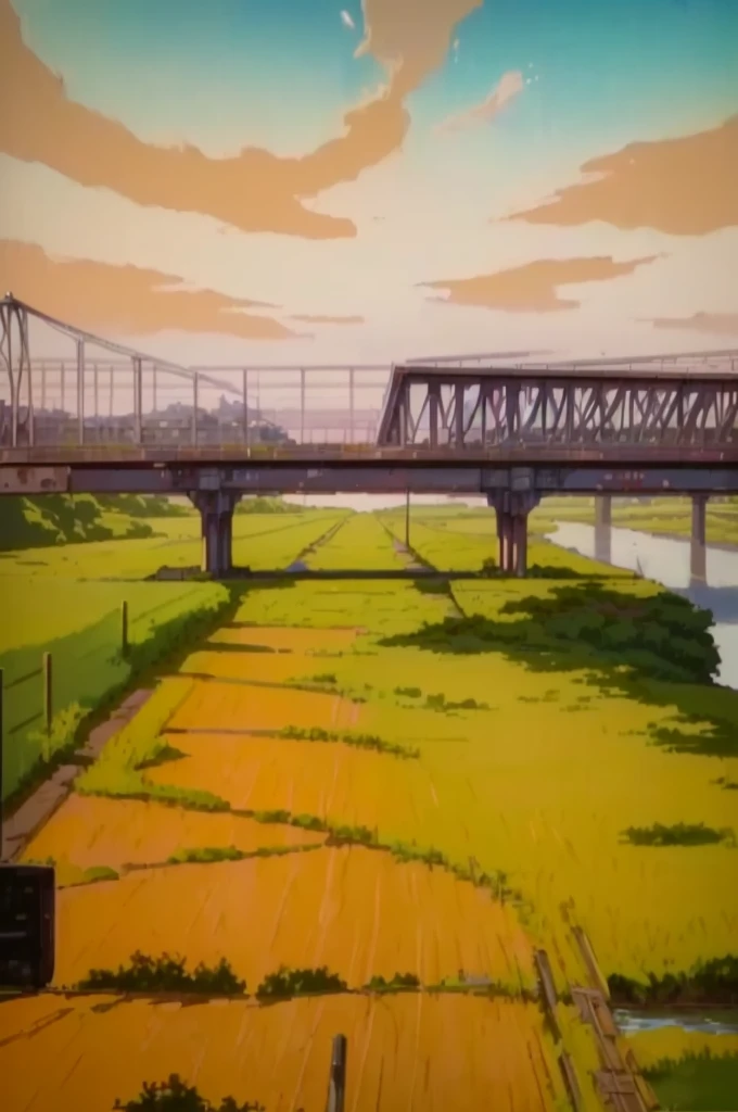 painting of a bridge over a river with a field and a bench, from akira ( 1 9 8 8 ) style, anime scene, large scale scene, from evangelion, anime scenery, anime landscape, anime countryside landscape, inspired by Makoto Shinkai, makoto shinkai. —h 2160, inspired by Robert Bechtle, lofi