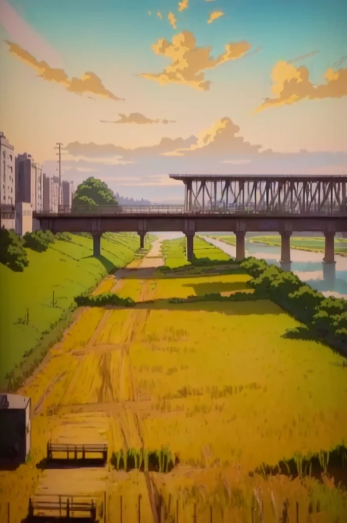 painting of a bridge over a river with a field and a bench, from akira ( 1 9 8 8 ) style, anime scene, large scale scene, from evangelion, anime scenery, anime landscape, anime countryside landscape, inspired by Makoto Shinkai, makoto shinkai. —h 2160, inspired by Robert Bechtle, lofi