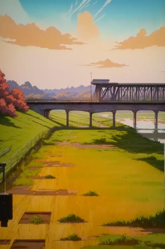 painting of a bridge over a river with a field and a bench, from akira ( 1 9 8 8 ) style, anime scene, large scale scene, from evangelion, anime scenery, anime landscape, anime countryside landscape, inspired by Makoto Shinkai, makoto shinkai. —h 2160, inspired by Robert Bechtle, lofi