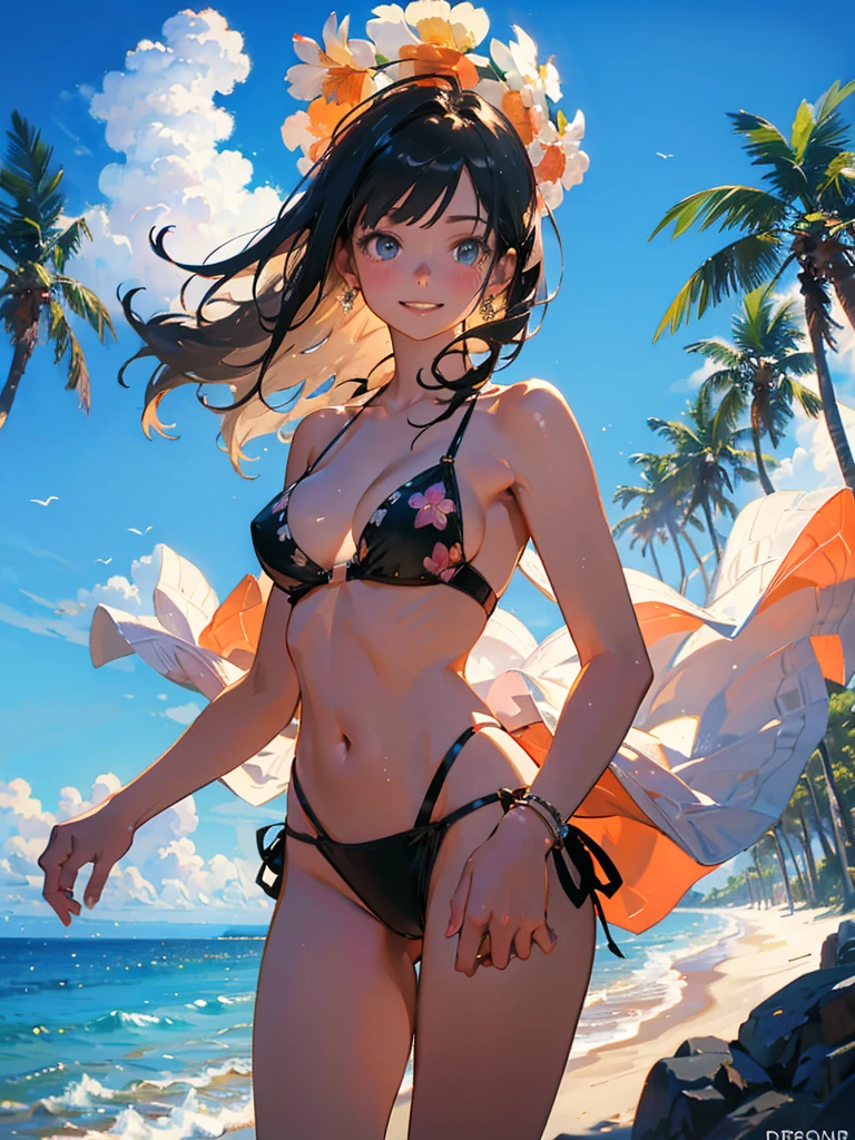 (best quality),(masterpiece),(ultra detailed),masterpiece, best quality, very aesthetic,intricate details,cowboy shot, 1 girl,(realistic clothes 0.1),medium breasts, from front,look at viewer, break,resort beach,crowd, break,finger guns, break,fair skin,barefoot,holding beer mug,smiling, o,break, wearing bikini swim wear,beautiful flower silhouette double exposure projected onto a entire the bikini swimsuit 1.5,