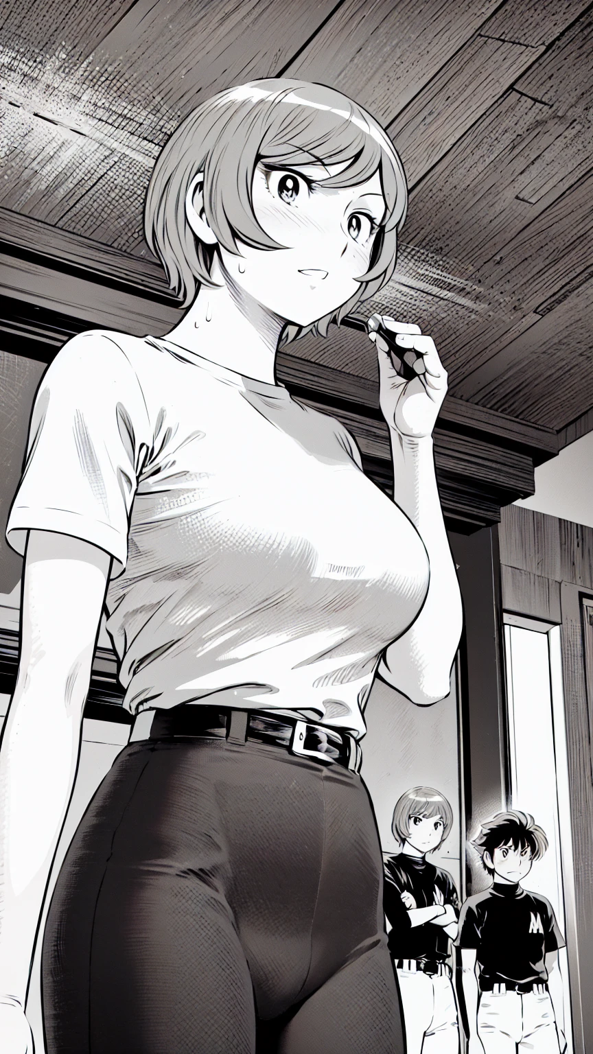 、(masterpiece、Highest quality)、Highest quality, Ultra-high resolution, (((masterpiece))), alone, Sweat、Big eyes,Tight black shirt、 pants、belt、indoor、Composition from the front、（Cut the back hair short、short hair、blonde、woman）、Shortcuts、Embarrassed face、Cut your hair short、可愛いwomanの子、Big Breasts room、Full Color、Baseball uniform