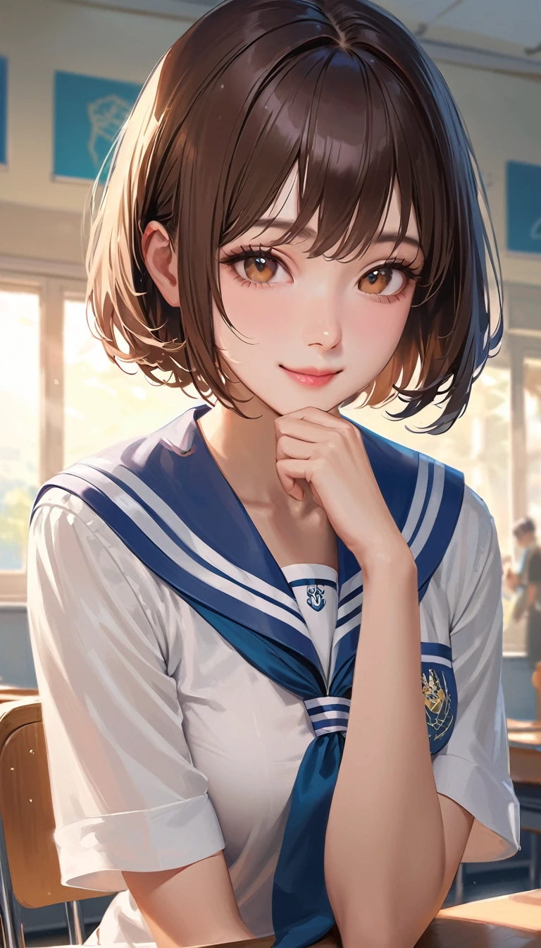 Realism, Super Detail, best quality, A beautiful woman ,Short Bob,Dark brown hair ,Sailor Suit, She held her chin in her hand, Looking at the camera, Smile, The story takes place in a high school classroom during the day..