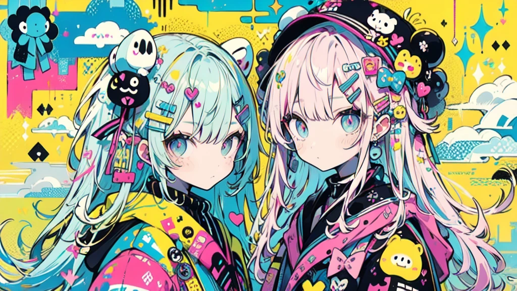 "cute, cute, Cute girl in pink, yellow, Baby blue color scheme. She wears sky-themed clothing with clouds and sky motifs. Her outfit is fluffy and soft., Comes with hair clips and other accessories. She embodies the vibrant and trendy Harajuku fashion style.."