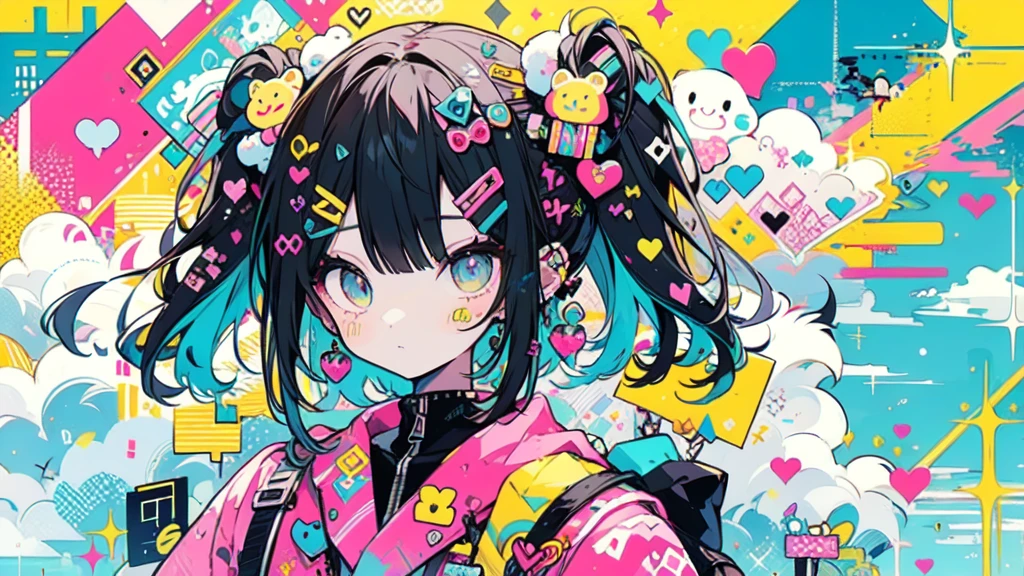 "cute, cute, Cute girl in pink, yellow, Baby blue color scheme. She wears sky-themed clothing with clouds and sky motifs. Her outfit is fluffy and soft., Comes with hair clips and other accessories. She embodies the vibrant and trendy Harajuku fashion style.."