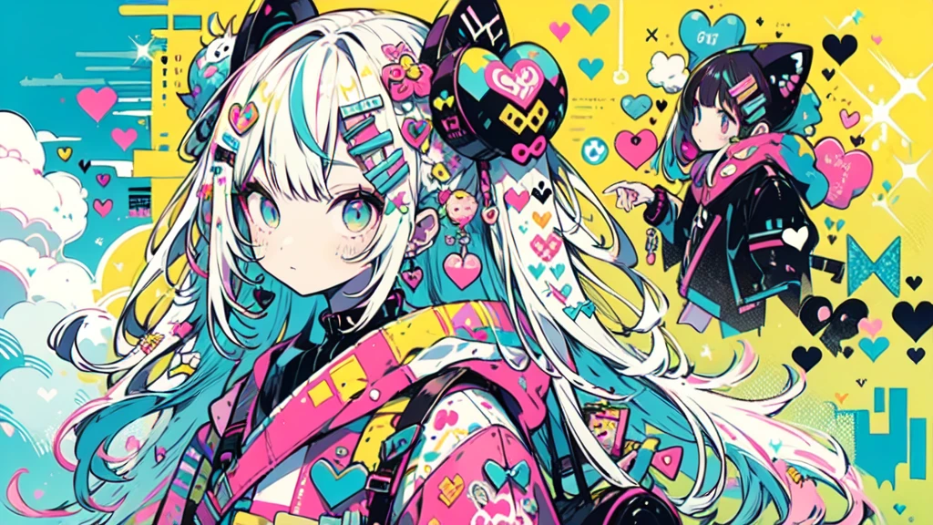 "cute, cute, Cute girl in pink, yellow, Baby blue color scheme. She wears sky-themed clothing with clouds and sky motifs. Her outfit is fluffy and soft., Comes with hair clips and other accessories. She embodies the vibrant and trendy Harajuku fashion style.."