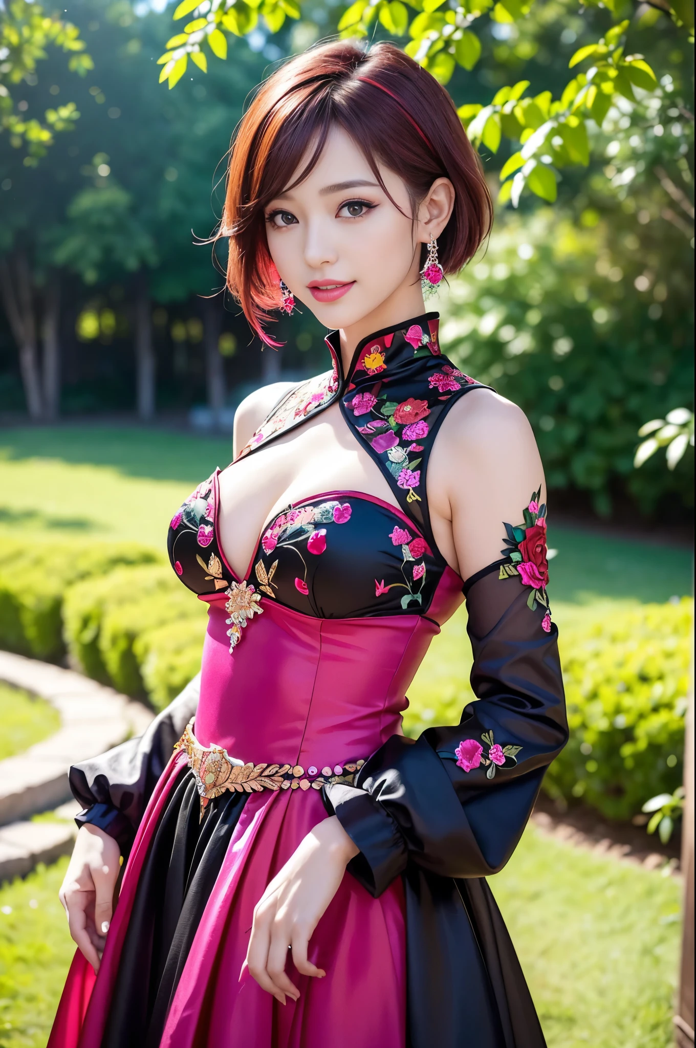 (masterpiece:1.4), (best quality:1.4), ultra high res, ultra high resolution, ((detailed facial features)), HDR, (realistic, photorealistic, photo-realistic:1.37), full body Esbian, sexy Vietnamese model, (-anime), vivid colors, ((vivid colors multicolor (red, fuchsia) very short hair)), (happy smile), lip-gloss, long lashes, ultra detailed metallic makeup, defined eyebrows, wearing large sparkling colorful jewelery, wearing a red silk Paradise Kiss cosplay dress with black floral embroidery, ((vivid colors outfit)), vivid colors, look at the camera, cinematic light, large park background with trees, sweet and sexy pose