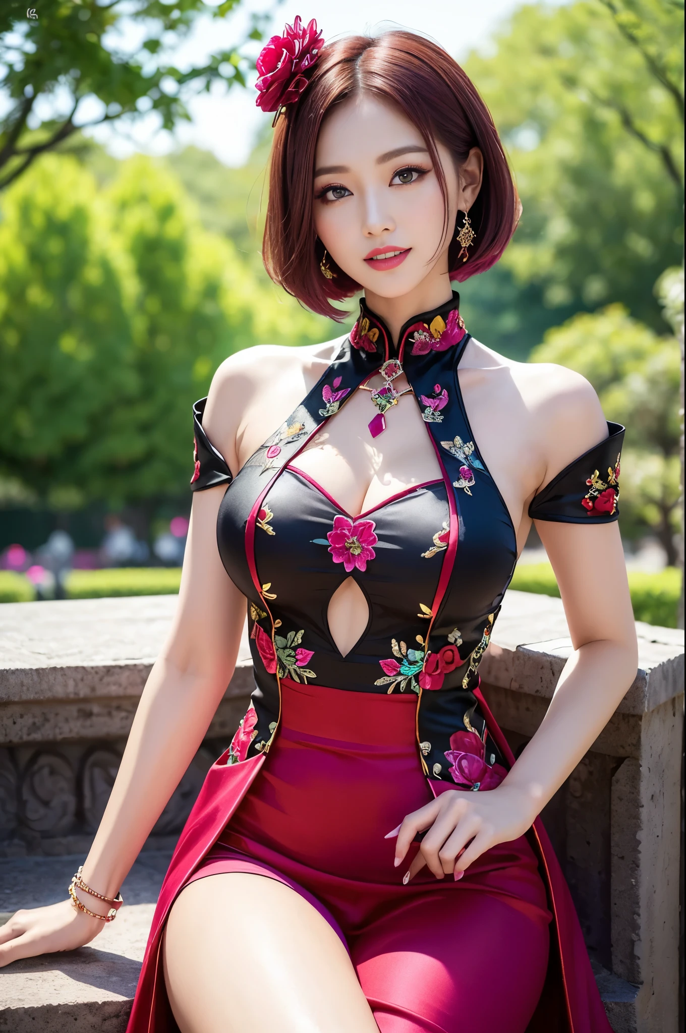 (masterpiece:1.4), (best quality:1.4), ultra high res, ultra high resolution, ((detailed facial features)), HDR, (realistic, photorealistic, photo-realistic:1.37), full body Esbian, y Vietnamese model, (-anime), vivid colors, ((vivid colors multicolor (red, fuchsia) very short hair)), (happy smile), lip-gloss, long lashes, ultra detailed metallic makeup, defined eyebrows, wearing large sparkling colorful jewelery, wearing a red silk Paradise Kiss cosplay dress with black floral embroidery, ((vivid colors outfit)), vivid colors, look at the camera, cinematic light, large park background with trees, sweet and sexose
