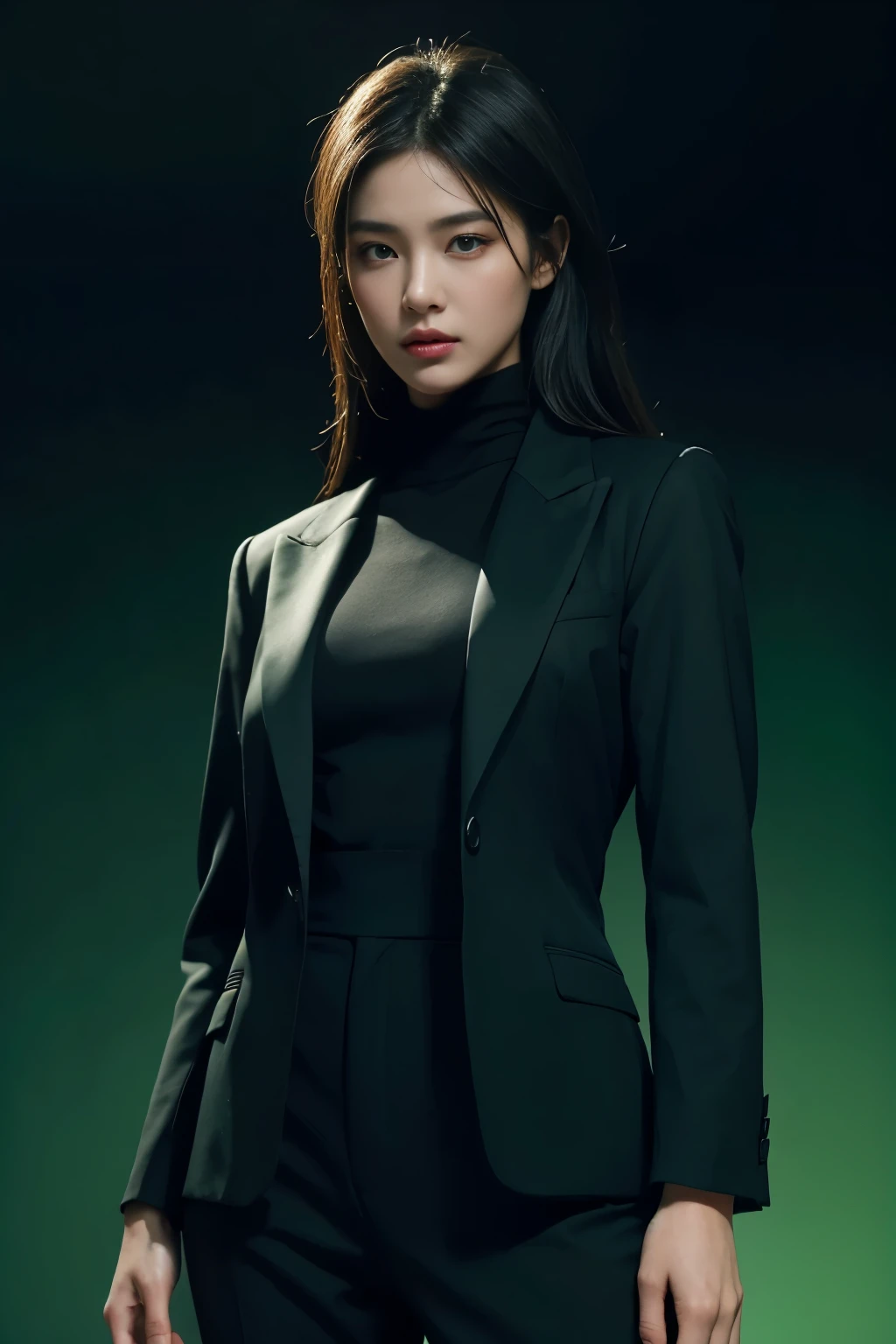 a beautiful woman, 1girl, long black formal jacket, long pants, front view, standing, light green background, detailed face, detailed eyes, detailed lips, detailed nose, detailed skin, intricate clothing folds, photorealistic, hyper detailed, 8k, ultra-detailed, masterpiece, dramatic lighting, cinematic lighting, chiaroscuro lighting, dramatic atmosphere, vibrant colors, elegant, sophisticated, confident, serene expression