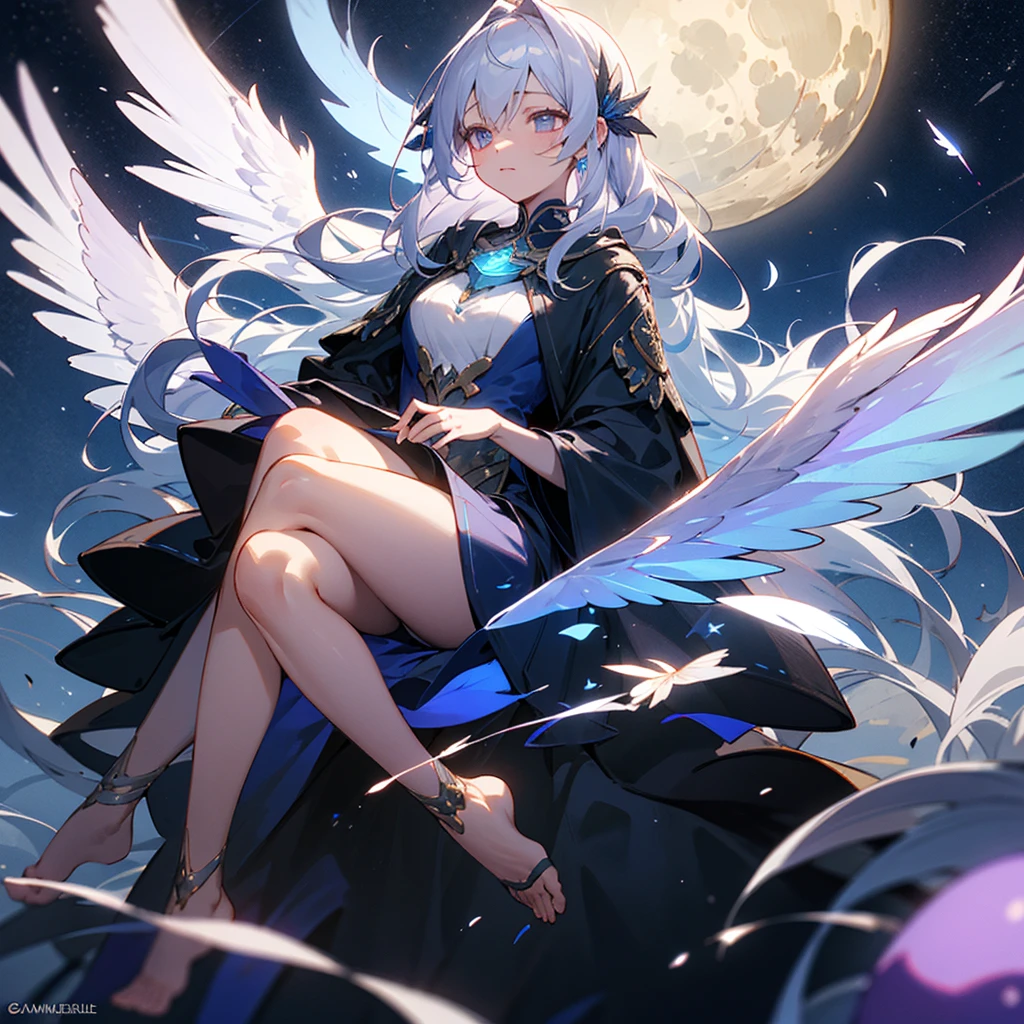 Sure, here's a new prompt for your moth girl:

"Under a starry night sky, a moth girl sits gracefully on a large, glowing mushroom. She has long, flowing silver hair that cascades over her shoulders, blending seamlessly with the ethereal, shimmering blue and purple hues of her dress. Her delicate, feathery antennae gently sway, catching the light of the moon. Her eyes, a luminescent violet, gaze softly into the distance. She wears a full body cloak adorned with intricate silver and lavender patterns, giving her an almost celestial appearance. Her large, translucent wings are adorned with glowing patterns that reflect the light around her, creating a mesmerizing aura. The scene is serene and magical, with the soft glow of bioluminescent plants and the gentle rustling of the night breeze. Her expression is peaceful, embodying the grace and mystery of an otherworldly goddess."