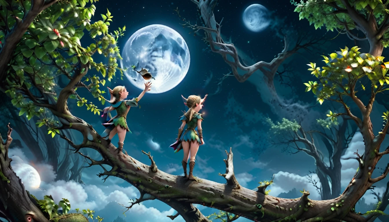 A stunning 3D scene，An elf stands on the branch of a big tree facing the moon in the sky，Looking at the moon, performing actions like a stage play。The atmosphere is mysterious and magical，Beautiful light，The moon shines blue and illuminates everywhere。HD，4K，high quality。