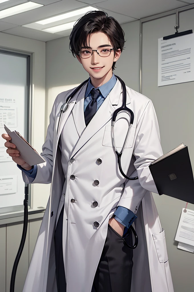 1 boy,Handsome face, perfect male body,look at the camera, (Evil smile,Doctor, white coat, notebook in hand,eyeglasses,hospital ward), stethoscope, Dim light,dark room,masterpiece,half body, portrait,Ray tracing