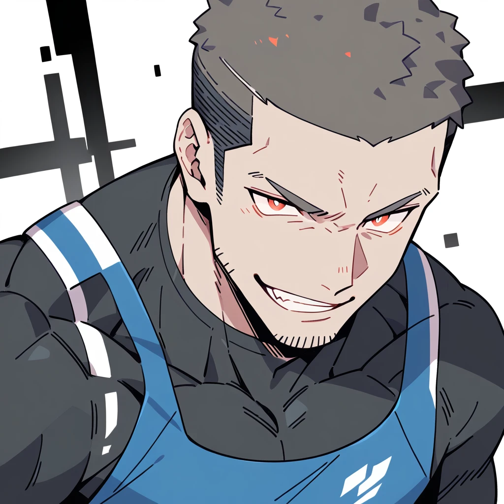 anime characters:Priapus, Dark Grey Skin Muscle Sports Student, Buzz Cut, Manliness, male focus, Sports tight hooded sweatshirt, Under Armour Brand, Wear a high-necked tights underneath, Very tight, full and perky chest muscles, muscular male, muscular, only, Upper body, alone, Red short hair, Thick eyebrows, stubble, Brown-red pupils, White background, simple background, amazing quality, best aesthetics, Ridiculous, crew cut, smirk, bright pupils, grin, negative space, negative space, best quality