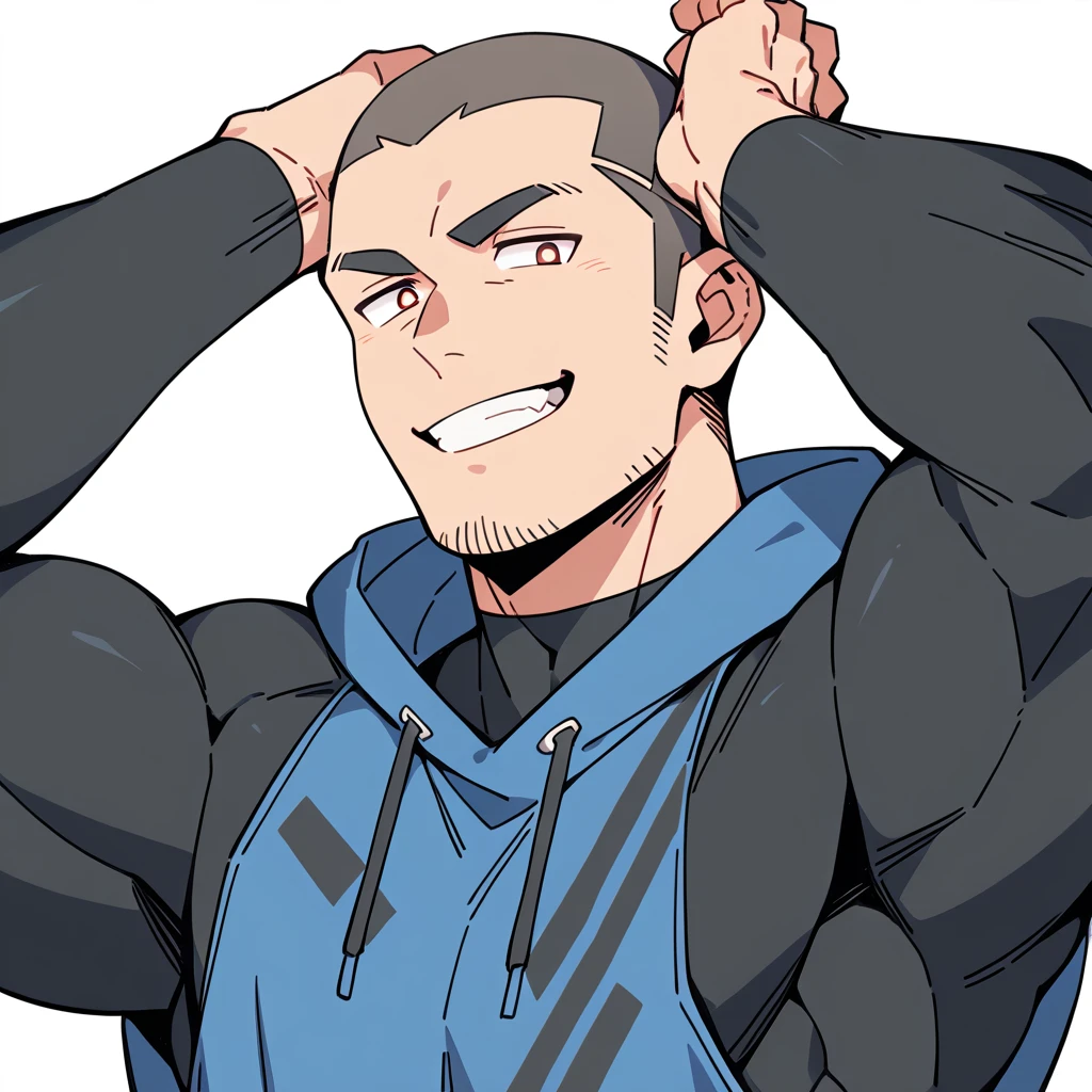 anime characters:Priapus, Dark Grey Skin Muscle Sports Student, Buzz Cut, Manliness, male focus, Sports tight hooded sweatshirt, Under Armour Brand, Wear a high-necked tights underneath, Very tight, full and perky chest muscles, muscular male, muscular, only, Upper body, alone, Red short hair, Thick eyebrows, stubble, Brown-red pupils, White background, simple background, amazing quality, best aesthetics, Ridiculous, crew cut, smirk, bright pupils, grin, negative space, negative space, best quality