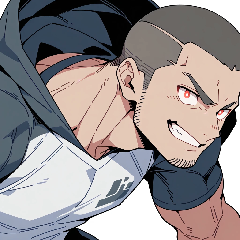 anime characters：Priapus, Dark Grey Skin Muscle Sports Student, Buzz Cut, Manliness, male focus, Sports tight hooded sweatshirt, Under Armour Brand, Wear a high-necked tights underneath, Very tight, full and perky chest muscles, muscular male, muscular, only, Upper body, alone, Red short hair, Thick eyebrows, stubble, Brown-red pupils, White background, simple background, amazing quality, best aesthetics, Ridiculous, crew cut, smirk, bright pupils, grin, negative space, negative space, best quality