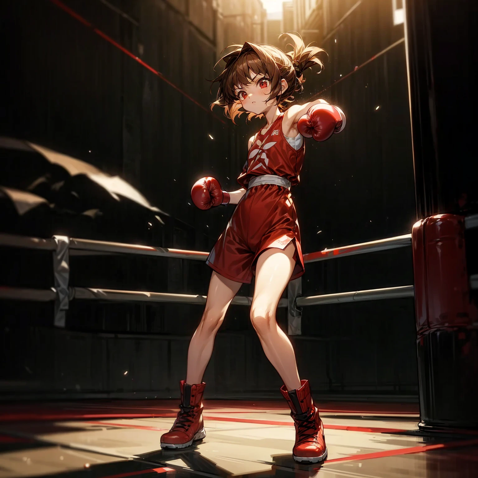 1childern girl, Full body version, 1character, red eyes, short Curly haircut, brown color hair, boxing style outfit, Boots, Grassroots, full background in street city, motion blur, light, (Hunter x Hunter style art), standing gesture, Boxing gloves