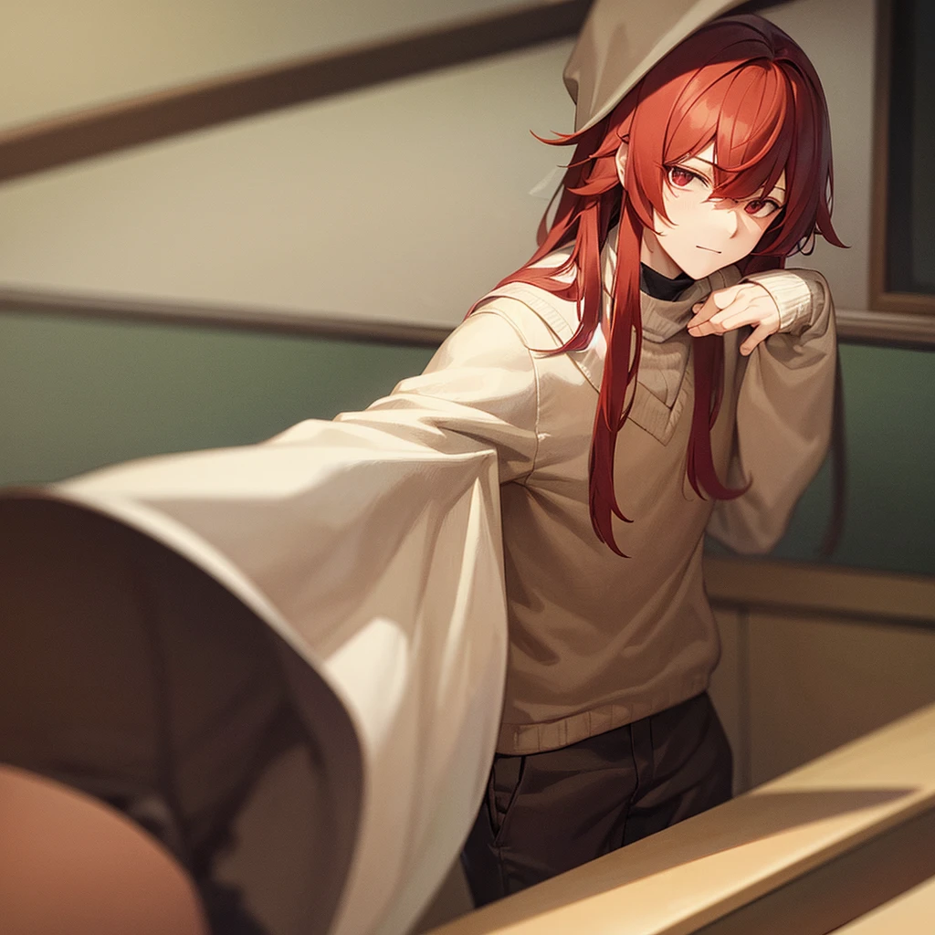 A shy young man with carmine red medium hair and with long bangs covering his eyes, wearing an old wizard hat and beige , background is classroom