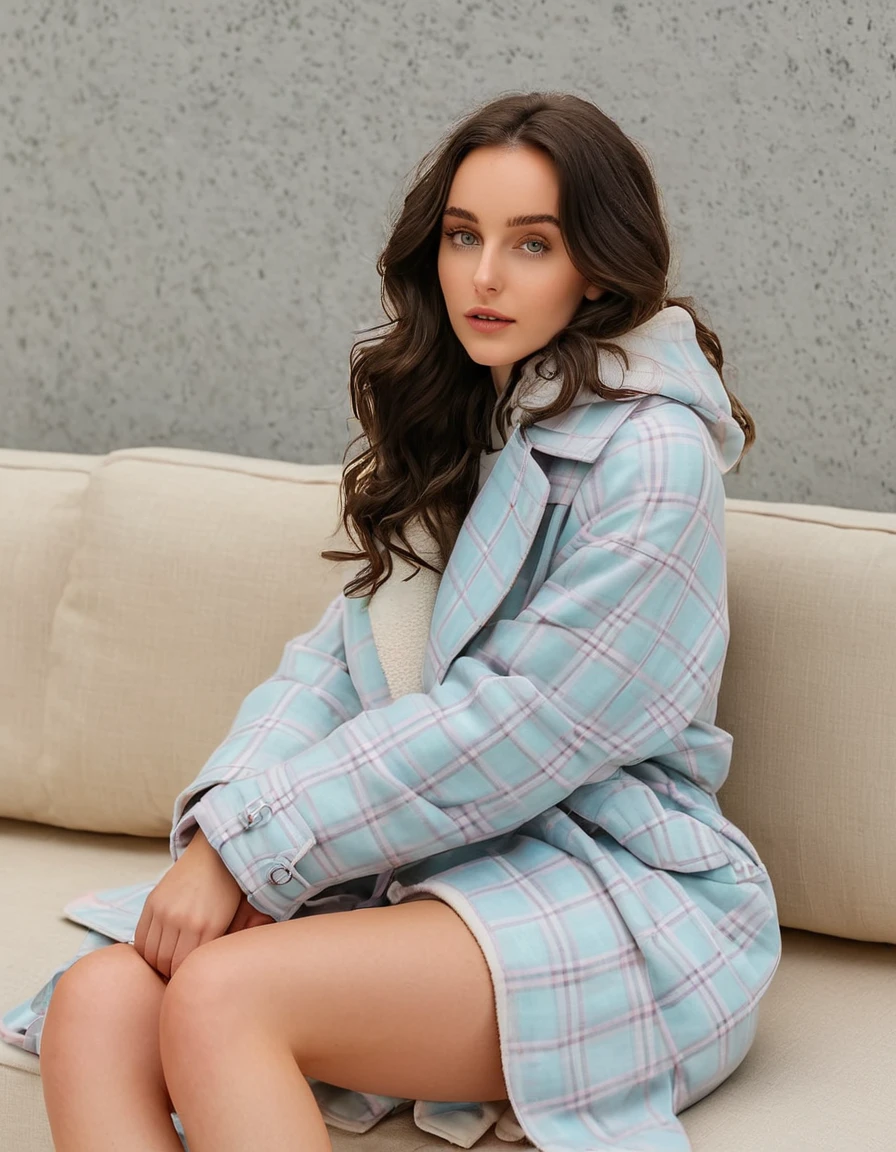 A stunning young woman with oval face shape and dark brunnette hair styled in romantic, wavy locks, she is adorning a pastel pink and light blue checkered woolen trench coat with long sleeves covering even her hands and only fingers are visible and it is layered over a light beige oversized baggy-fit hoodie, her bottoms are simple light beige pyjama trousers, and her footwear is fluffy sleepers, Accessories are a woolen white muffler. 
She is sitting in Seoul metro train. Her pose is natural and cute with her both hands on the woolen muffler as if she is feeling cold. The lightning is soft and natural, Sexy fit body. 