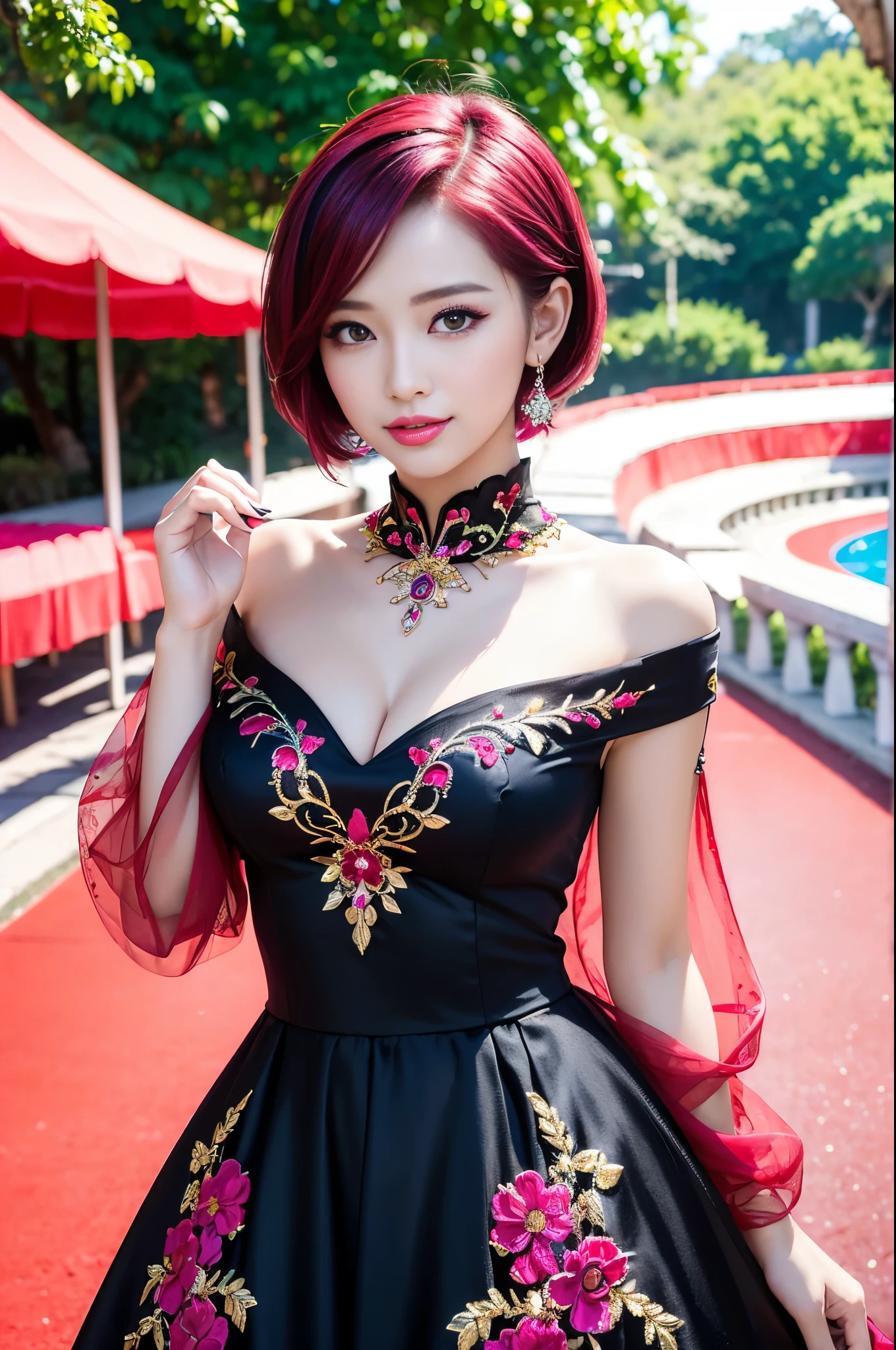 (masterpiece:1.4), (best quality:1.4), ultra high res, ultra high resolution, ((detailed facial features)), HDR, (realistic, photorealistic, photo-realistic:1.37), full body Esbian, sexy Vietnamese model, (-anime), vivid colors, ((vivid colors multicolor (red, fuchsia) very short hair)), (happy smile), lip-gloss, long lashes, ultra detailed metallic makeup, defined eyebrows, wearing large sparkling colorful jewelery, wearing a red silk Paradise Kiss cosplay dress with black floral embroidery, ((vivid colors outfit)), vivid colors, look at the camera, cinematic light, large park background with trees, sweet and sexy pose