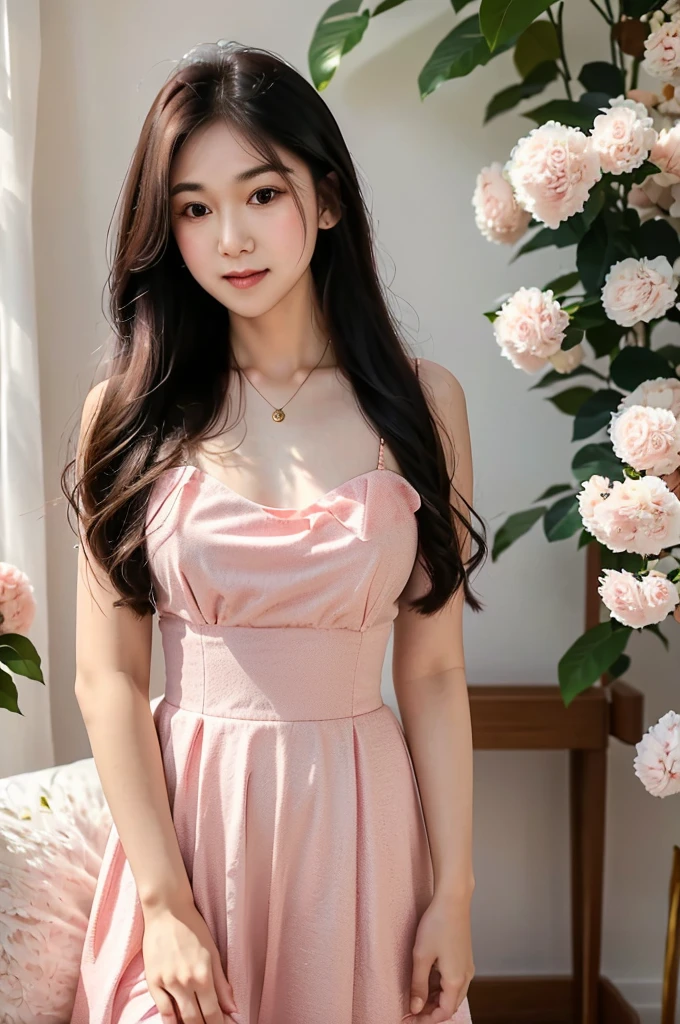 Expires in 14 days A young and sweet girl,very young,energetic,Round head,Round head,Slightly fat,Slightly fat,Young and beautiful,Pink skin,High raised chest,looking at the audience,Smile,Slightly fat body,Exquisite facial features,blushing,Pink skin,black hair,big eyes,high nose bridge,little cherry mouth,Wearing a floral dress,Leaking the neck,Necklace around the neck,indoor,The background is a window,It was cosy