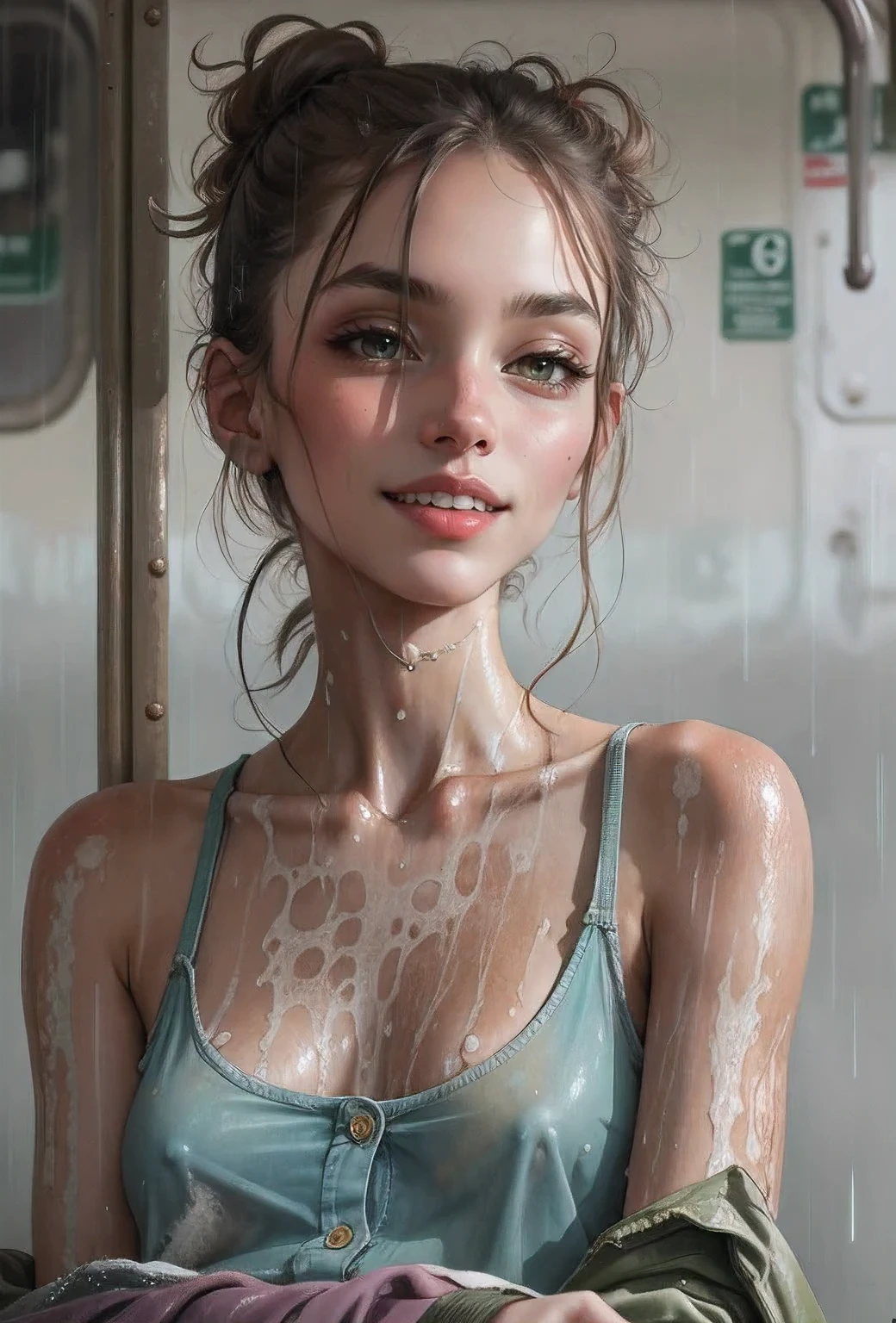 masterpiece, best quality, 2girls, (closeup), 18yo teen, slim, small breast, naked breast, nipple, open green raincoat, sitting, in abandoned train, hugging, lode, smile, heavy rain, downpour, flood, wasteland, grey, desolate, rain, dark, watercolor, (spread legs:1.6),