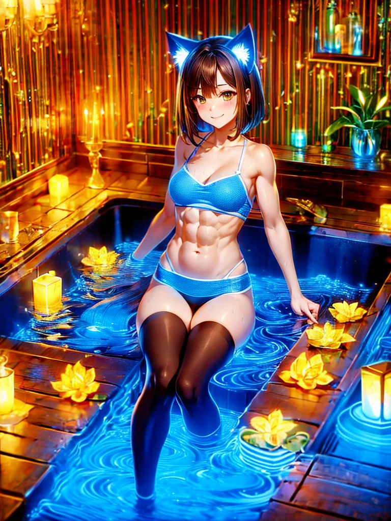 Highest quality,Highest Resolution,A beautiful smiling American girl,bath,Get in the big bathtub,Belly button,Abdominal muscles,Knee-high stockings,Brown hair short bob,Cat ear,Drink,whole body,up,front,