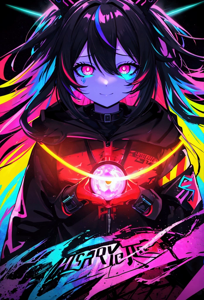 Hypercolor Digital Art, Vivid colors，Rich in details, Colorful explosions, Colorful horror art, Colorful Film Art, Colorful illustration, Vivid neon ink painting, Awesome colorful art details，Horror color art, Colorful spooky background,masterpiece, The best quality at its best, smile, Decorations, Hoodies, Sports Late, Colored Neon, graffiti, dark, night, Glowing Eyes, Black light rays,Colorful Hair,Medium Hair,red eye chest，High resolution, Highest quality, 16K, retina.