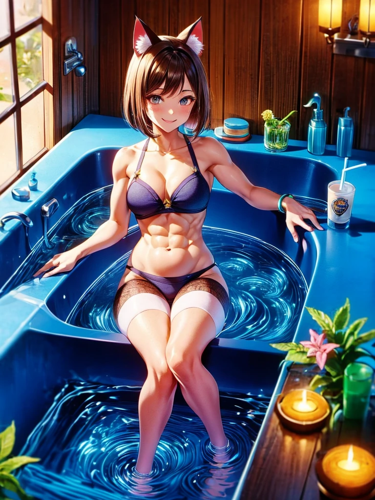 Highest quality,Highest Resolution,A beautiful smiling American girl,bath,Get in the big bathtub,Belly button,Abdominal muscles,Knee-high stockings,Brown hair short bob,Cat ear,Drink,whole body,up,front,