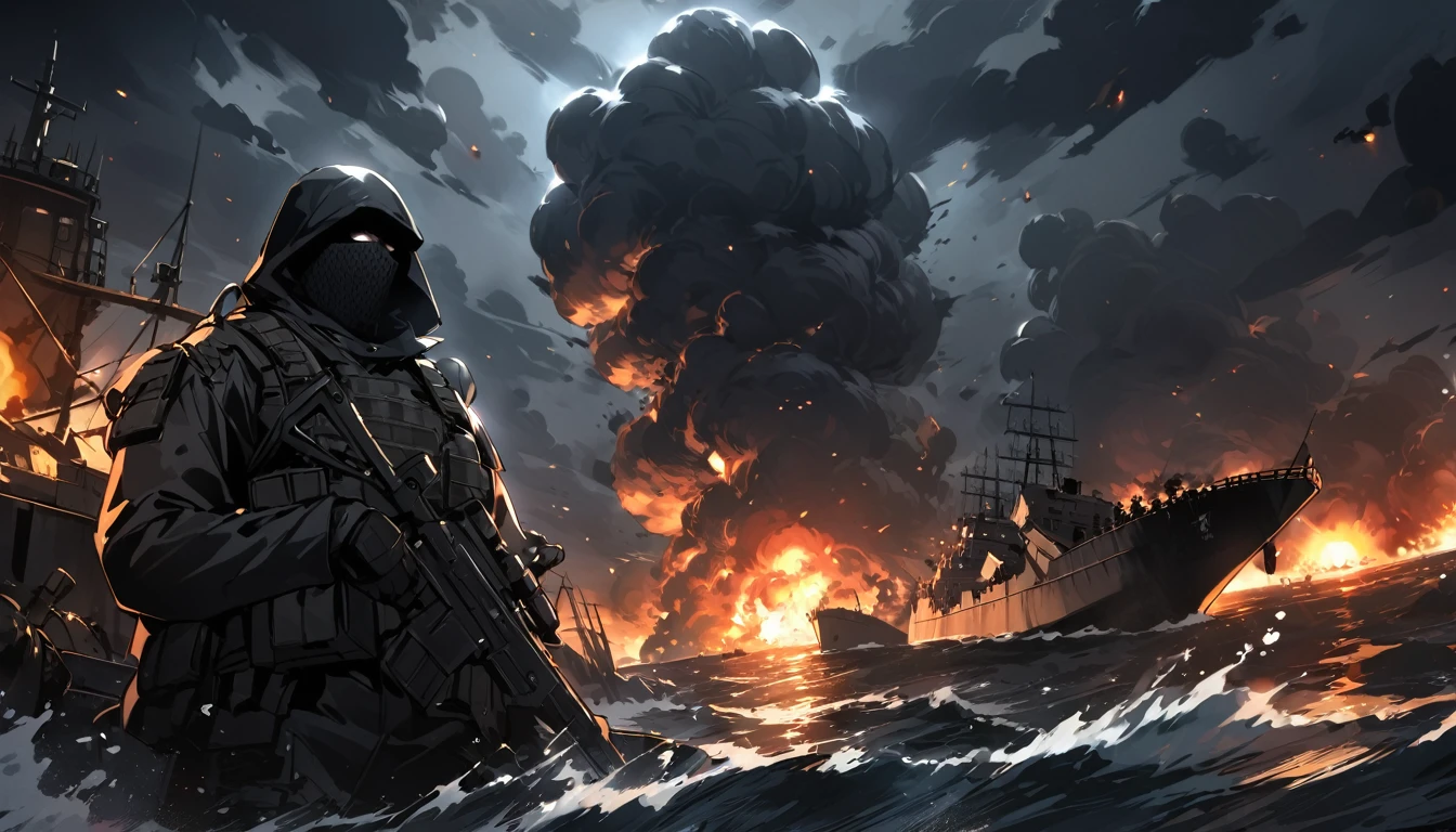  Terrorists, black balaclava, black clothes, war, sea, night, ships, chaos, nuclear explosion, dark atmosphere, apocalypse, dark, black colour 