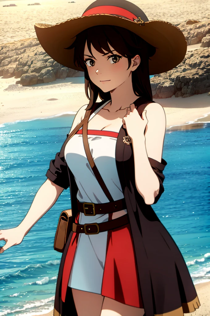 1 female, medium length brown hair, wearing pirate clothing outfit, wearing straw hat with red band, at beach