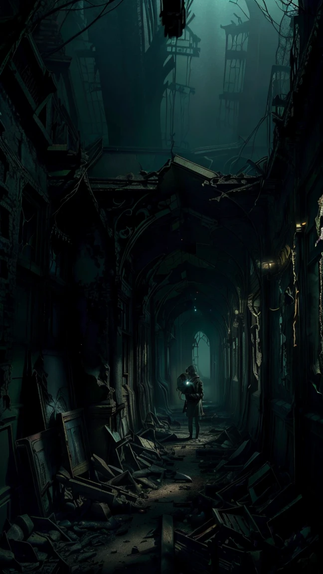A person exploring a haunted location at night with a flashlight. The scene is set in a foggy, dilapidated building. The flashlight is visible in the foreground, casting light on the decaying interior. The atmosphere should be spooky and tense, with the flashlight illuminating parts of the broken structure and mist adding to the eerie ambiance.
