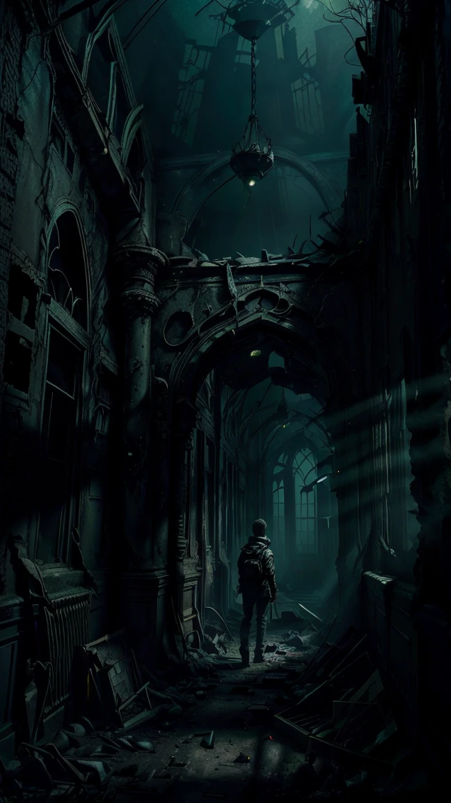 A person exploring a haunted location at night with a flashlight. The scene is set in a foggy, dilapidated building. The flashlight is visible in the foreground, casting light on the decaying interior. The atmosphere should be spooky and tense, with the flashlight illuminating parts of the broken structure and mist adding to the eerie ambiance.
