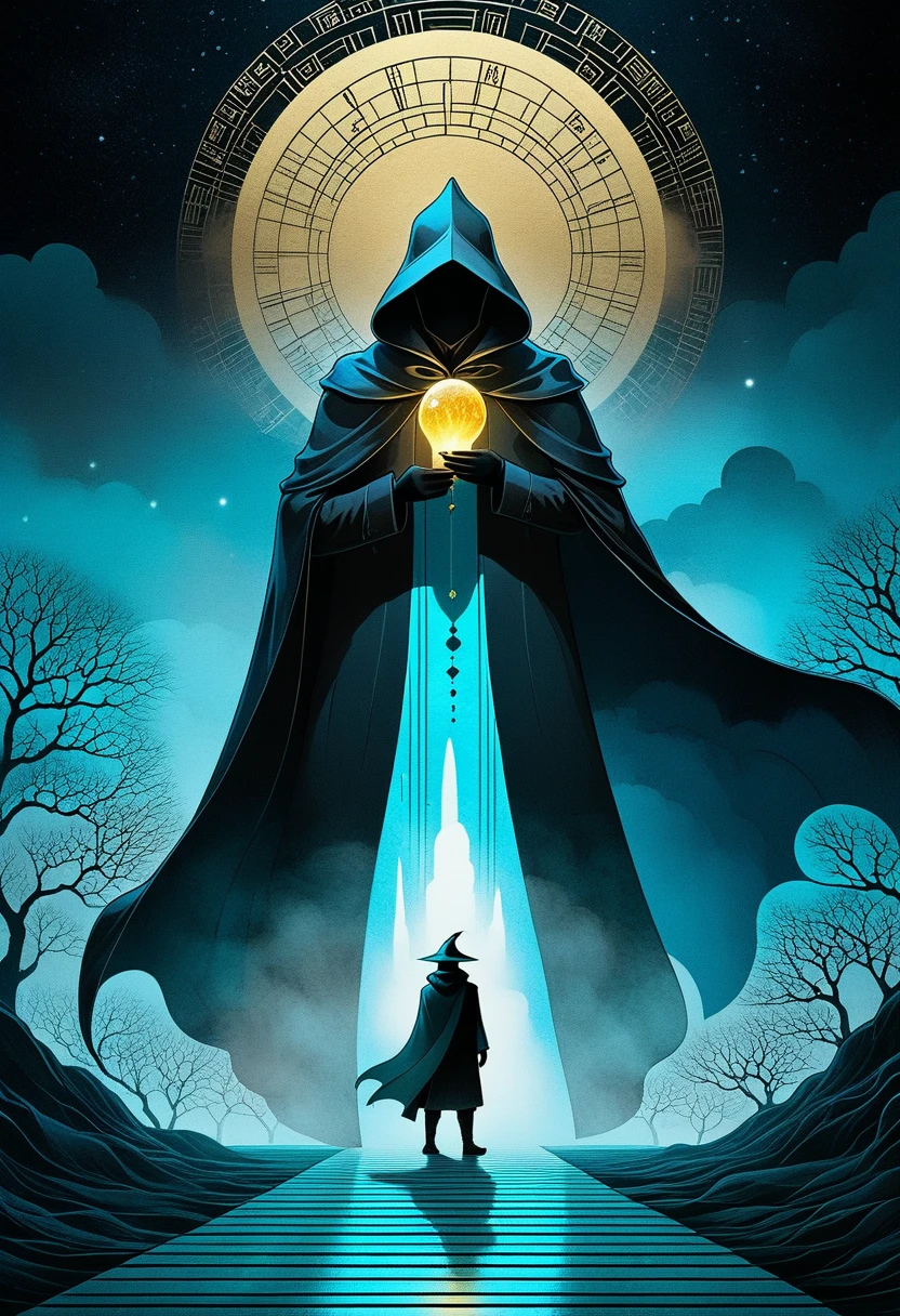 A man in a cloak、Fantasy portrait of a tall figure wearing a white mask, Traveler Azem, Desire to explore the end of the world,Discover its wonders,and help its inhabitants, author:Andy Kehoe, Gradient Masterpiece, Blue Cyan , rococopunk, Luminism, Seamless, ink, ink水气泡, Gold foil lines, 酒精ink水元素, curve, Movie, realism, Chiaroscuro, shadow play, Gold foil lines, 明亮的酒精ink水溅, Volumetric Light, Halo, Sunlight, Bright colors reflect, Isometric, The art of math, smoke, pollute, Toxic waste, Chimneys and railways, 3D Rendering, Octane Rendering, Volumetric method, author:Greg Rutkowski