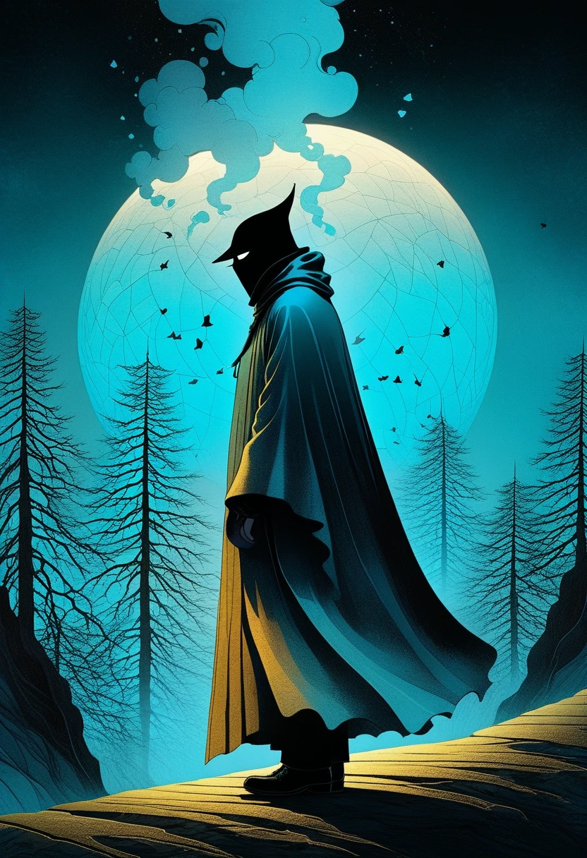 A man in a cloak、Fantasy portrait of a tall figure wearing a white mask, Traveler Azem, Desire to explore the end of the world,Discover its wonders,and help its inhabitants, author:Andy Kehoe, Gradient Masterpiece, Blue Cyan , rococopunk, Luminism, Seamless, ink, ink水气泡, Gold foil lines, 酒精ink水元素, curve, Movie, realism, Chiaroscuro, shadow play, Gold foil lines, 明亮的酒精ink水溅, Volumetric Light, Halo, Sunlight, Bright colors reflect, Isometric, The art of math, smoke, pollute, Toxic waste, Chimneys and railways, 3D Rendering, Octane Rendering, Volumetric method, author:Greg Rutkowski