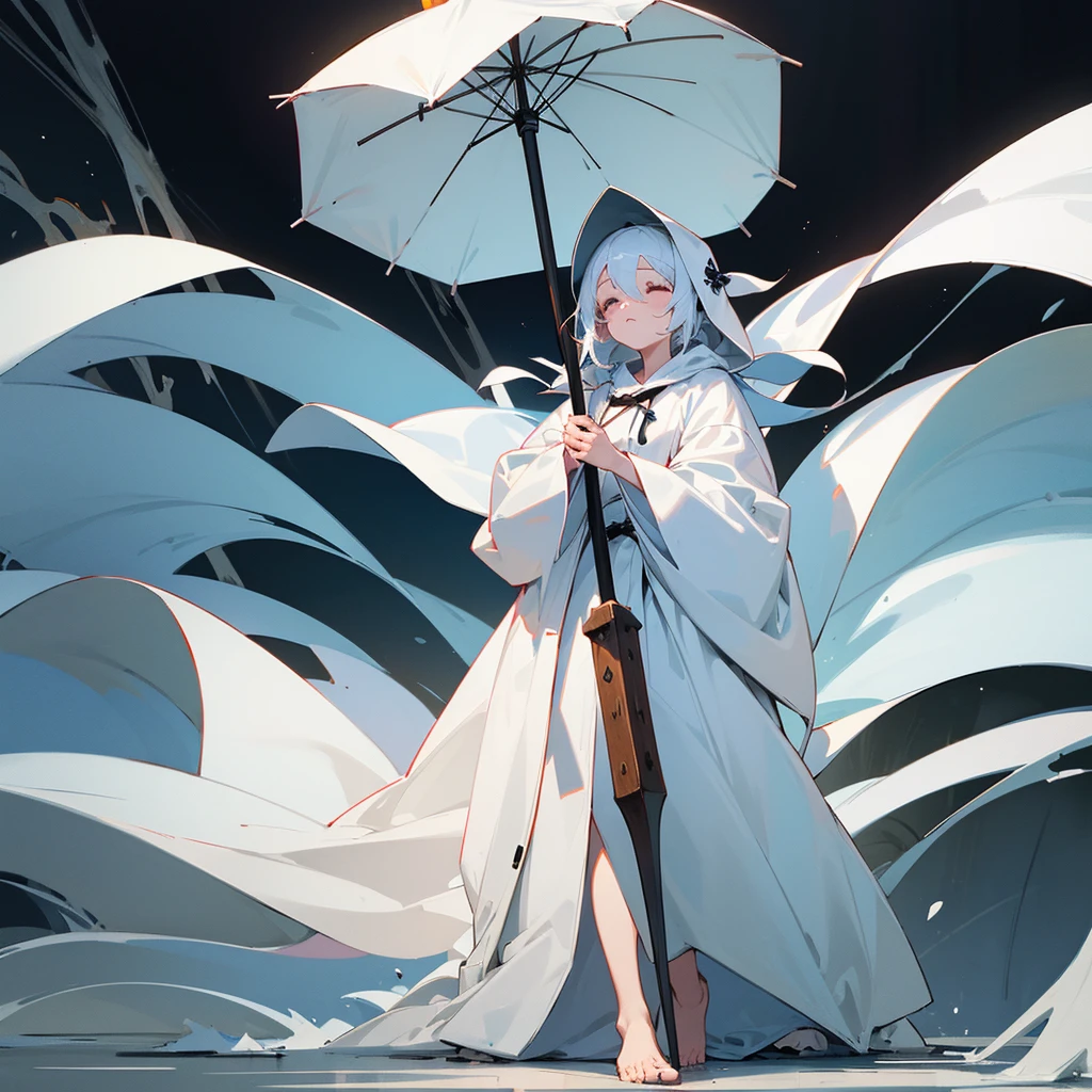 A girl in a white robe,The bottom of the white robe can touch the ground,Right,The hood of the white robe is worn on the head,White hair about waist length,Barefoot,Blindfolded with white cloth,Standing in the wilderness,Holding a black oil-paper umbrella