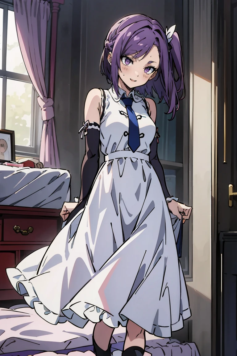 (masterpiece:1.2), (high quality:1.2), reo mikage, blue lock, girls with((1girl, solo, purple hair, (medium hair, right swept bangs, one side up:1.55), bare shoulder, blush, breasts, black sleeves, arm wears, elbow armwarmers, choker, cleavage, cowboy shot, collar, collarbone, rosary, cross, white clothes, blouse, white dress, sleeveless, collared shirt, necktie, cheongsam, cinderella dress, long dress, frilled panniers, (open dress:1.34), leggings, boots, sandals, bare legs)), background with((bedroom, room:2.0))