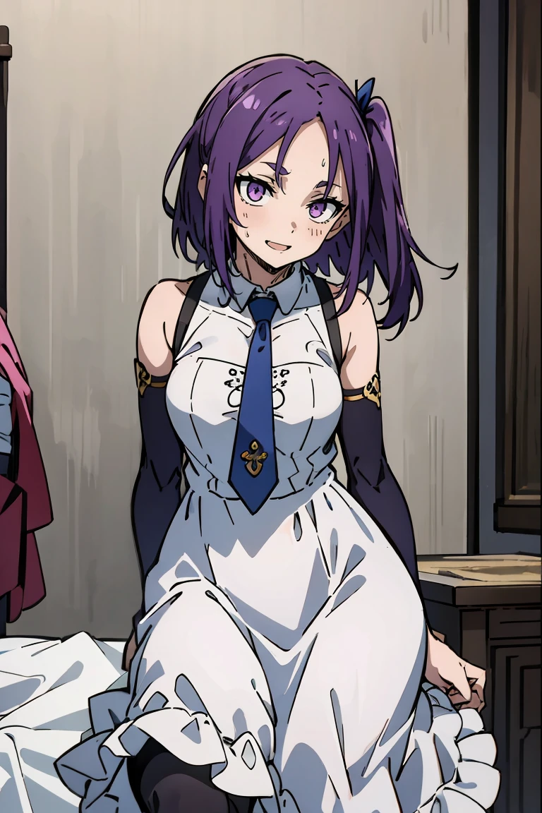 (masterpiece:1.2), (high quality:1.2), reo mikage, blue lock, girls with((1girl, solo, purple hair, (medium hair, right swept bangs, one side up:1.55), bare shoulder, blush, breasts, black sleeves, arm wears, elbow armwarmers, choker, cleavage, cowboy shot, collar, collarbone, rosary, cross, white clothes, blouse, white dress, sleeveless, collared shirt, necktie, cheongsam, cinderella dress, long dress, frilled panniers, (open dress:1.34), leggings, boots, sandals, bare legs)), background with((bedroom, room:2.0))