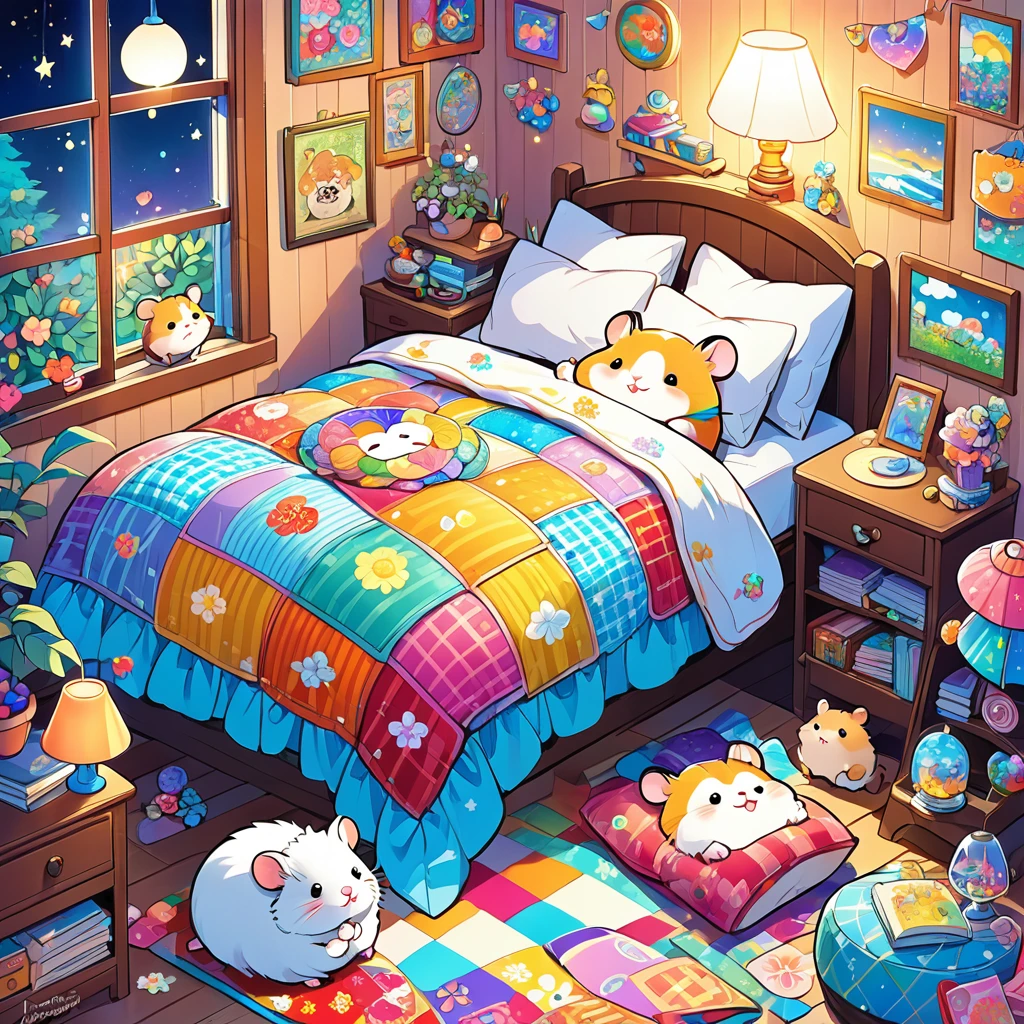 cuteIllustration,Pajamas:female:cute:nestle:sleeping:comfortable and warm:You look happy,Illustration,pop,colorfulに,color,dim,Lamp light,hamsterの親子が眠っています:have a happy dream,The study is warm and full of happiness.,,colorful,fancy,fancy,patchwork:Quilt,More details,fluffy,Randolph Caldecott Style,hamster,最高にcutehamster,fluffyhamster
