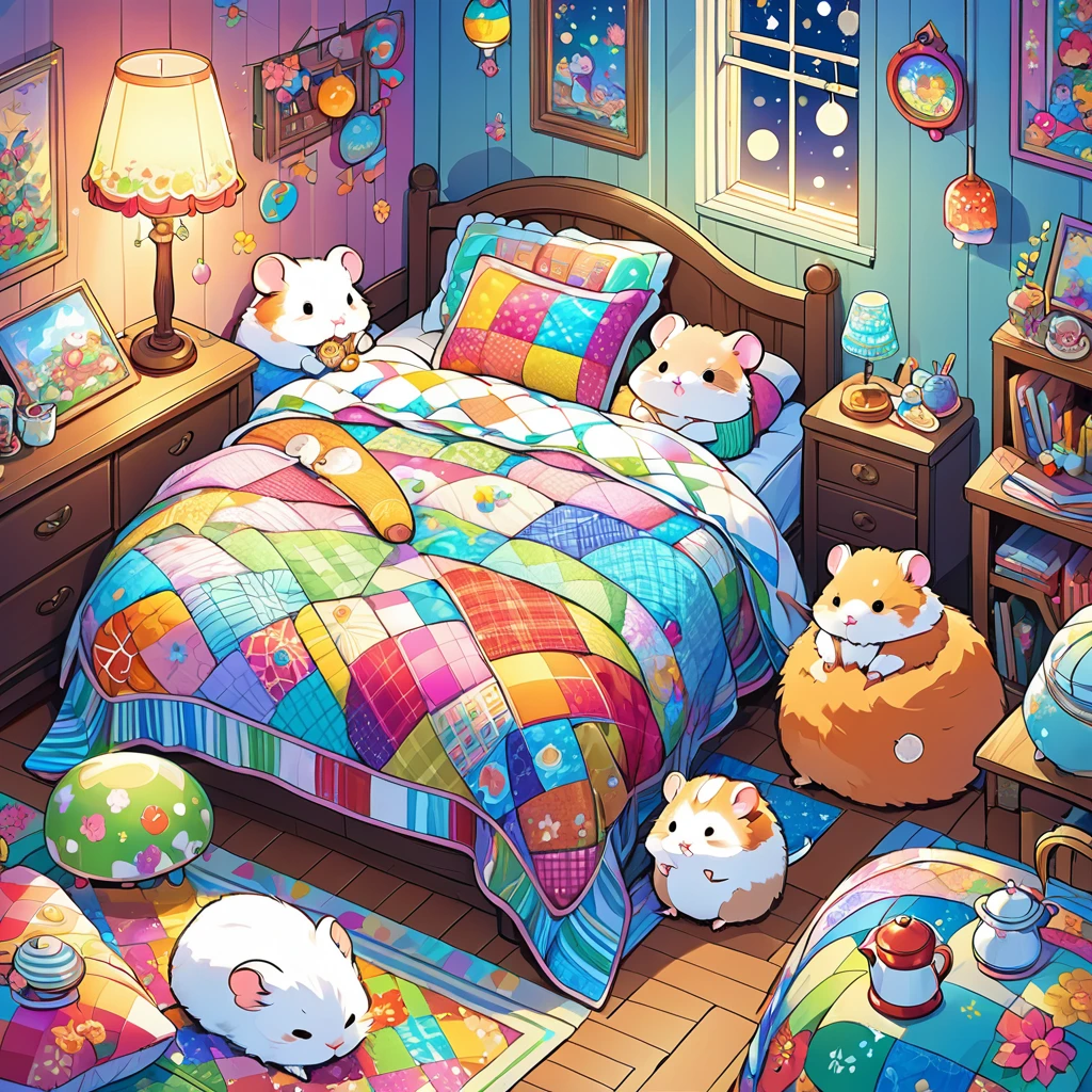 cuteIllustration,Pajamas:female:cute:nestle:sleeping:comfortable and warm:You look happy,Illustration,pop,colorfulに,color,dim,Lamp light,hamsterの親子が眠っています:have a happy dream,The study is warm and full of happiness.,,colorful,fancy,fancy,patchwork:Quilt,More details,fluffy,Randolph Caldecott Style,hamster,最高にcutehamster,fluffyhamster
