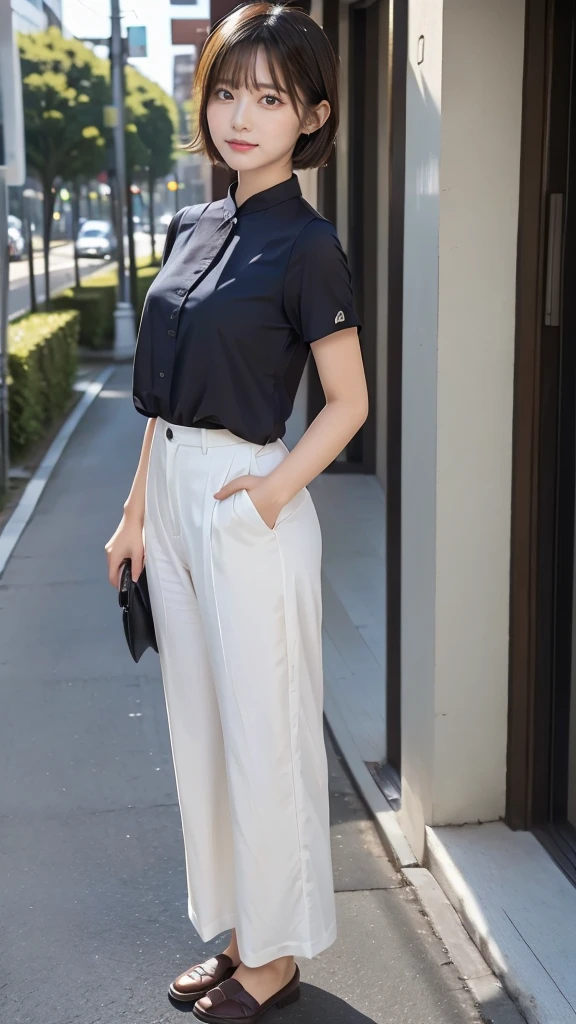 One girl, wearing short sleeve blouse, wide pants, wide pants, short hair, 20-year-old Japanese, beautiful, cute face, pretty face, neat, serious face, 8-head body, height 165cm, weight 48kg, bust 83cm, waist 60cm, hips 82cm, Small breathts, Living in Hiroshima City, A college student aspiring to become a model, (((full body))), full face