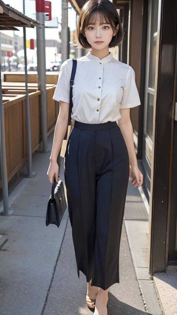 One girl, wearing short sleeve blouse, wide pants, wide pants, short hair, 20-year-old Japanese, beautiful, cute face, pretty face, neat, serious face, 8-head body, height 165cm, weight 48kg, bust 83cm, waist 60cm, hips 82cm, Small breathts, Living in Hiroshima City, A college student aspiring to become a model, (((full body))), full face
