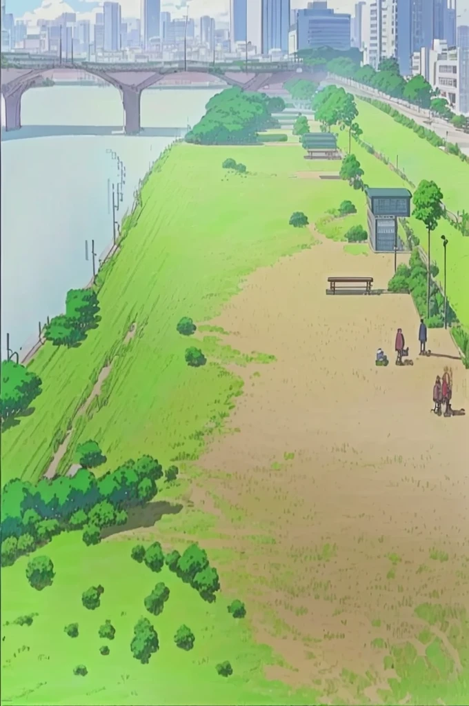 drawing of a park with benches and a bench on the grass, anime countryside landscape, anime landscape, anime scenery concept art, anime scenery, from akira ( 1 9 8 8 ) style, rio de janeiro in an anime film, attack on titan scenery, anime style cityscape, anime background art, grass field surrounding the city, anime scene, tokyo anime scene