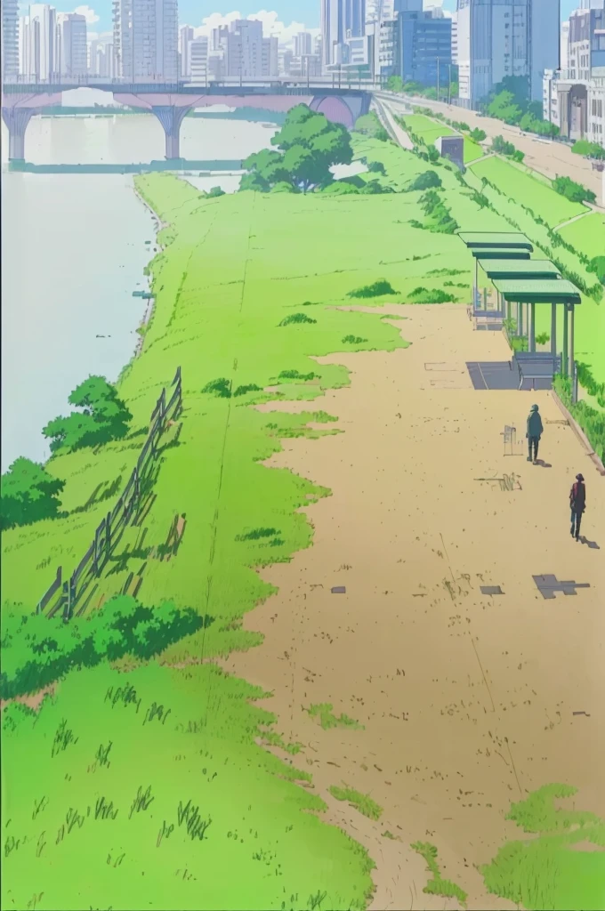 drawing of a park with benches and a bench on the grass, anime countryside landscape, anime landscape, anime scenery concept art, anime scenery, from akira ( 1 9 8 8 ) style, rio de janeiro in an anime film, attack on titan scenery, anime style cityscape, anime background art, grass field surrounding the city, anime scene, tokyo anime scene